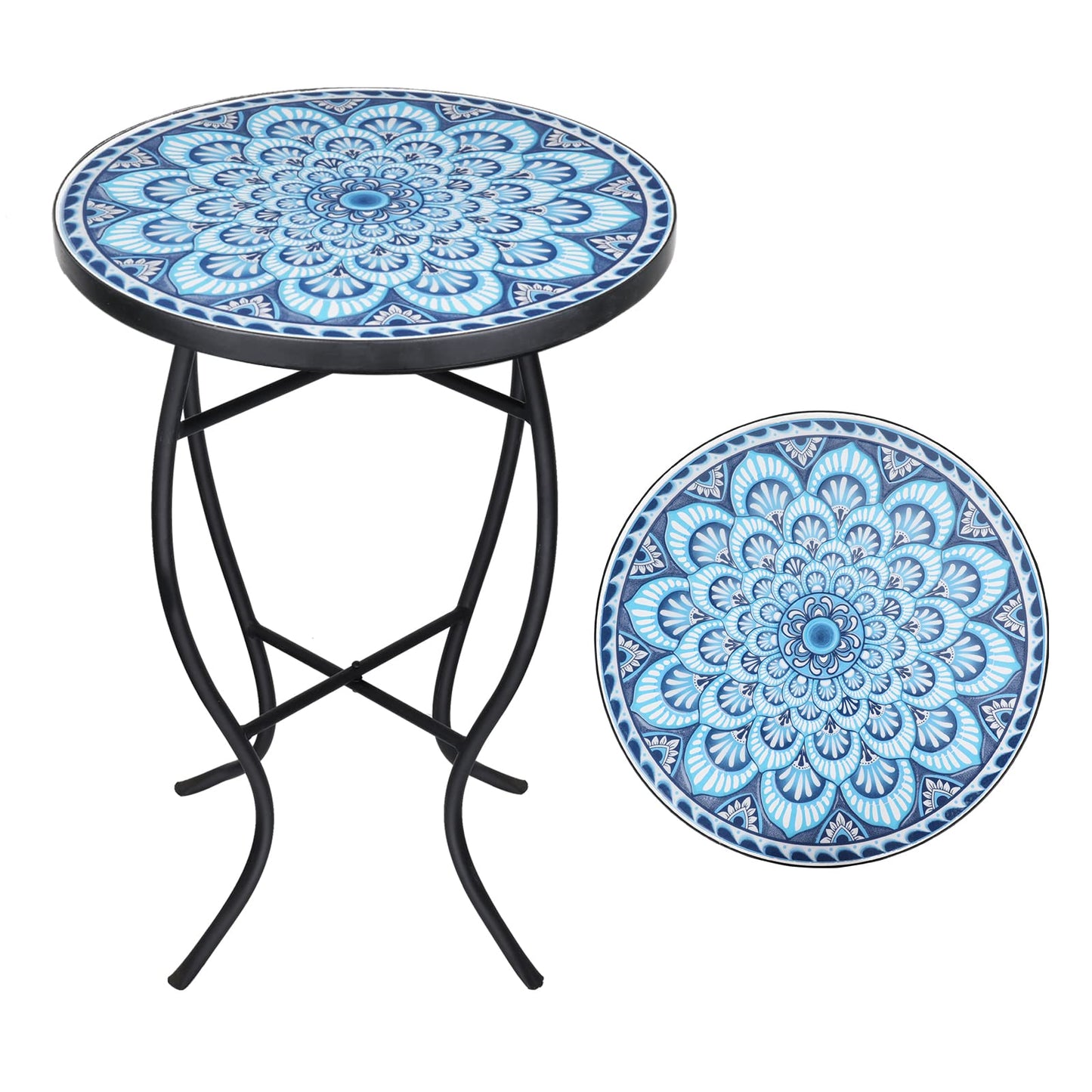VCUTEKA Mosaic Side Table, 21" Round End Table with 14" Ceramic Tile Top, Patio Accent Table Indoor and Outdoor End Table for Yard, Garden, Living Room, Bistro Balcony or Lawn Golden Sun