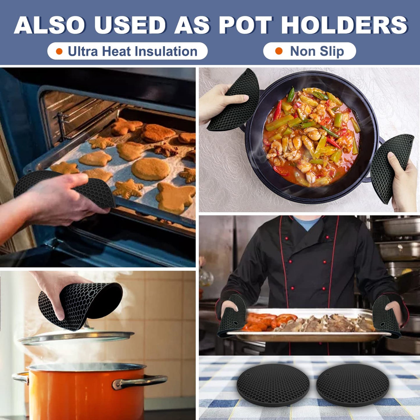 Walfos Silicone Trivet Mats - 4 Heat Resistant Pot Holders, Multipurpose Non-Slip Hot Pads for Kitchen Potholders, Hot Dishers, Jar Opener, Spoon Holder, Food Grade Silicone & BPA Free (Black)