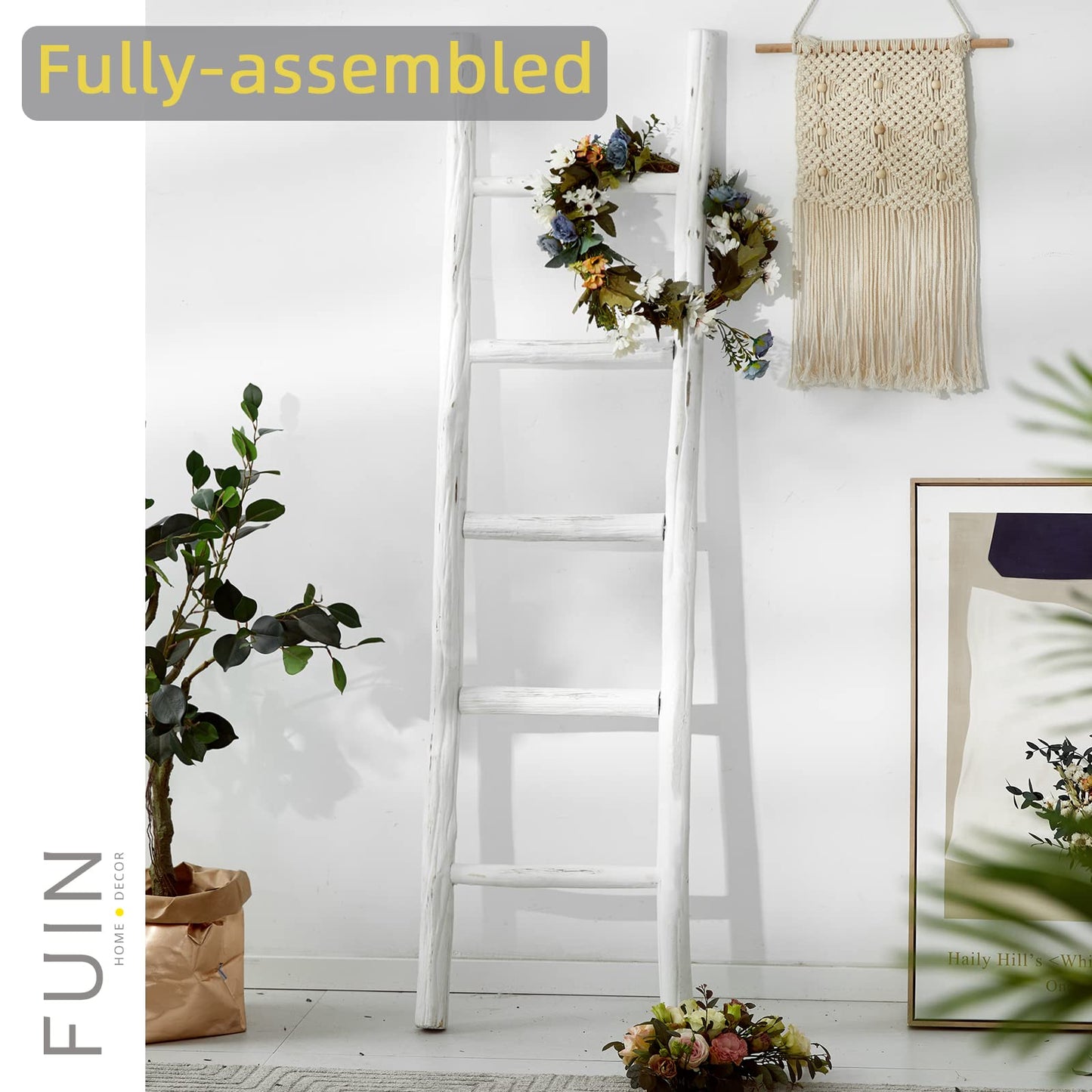FUIN Fully Assembled 57in Wood Blanket Ladder Living Room Decorative Wall Leaning Farmhouse Quilt Display Holder Rustic Wooden Towel Rack for Bathroom, Unfinished