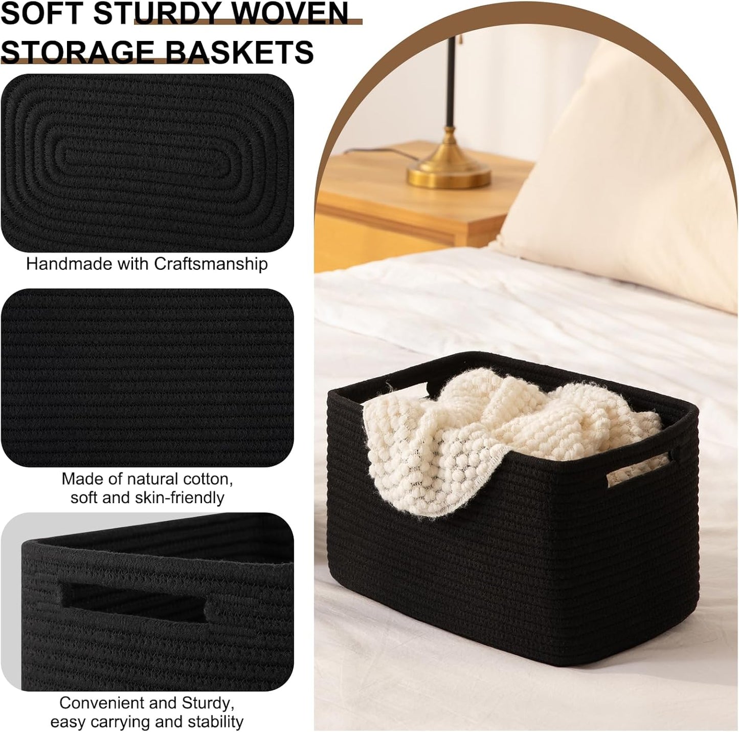Storage Baskets for Organizing, Woven Decorative Baskets for Shelves - Books, Towels, and Clothes, Cotton Rope Toy Storage Bins, 12.7''Lx9''Wx7.8''H, Pack of 4, Brown