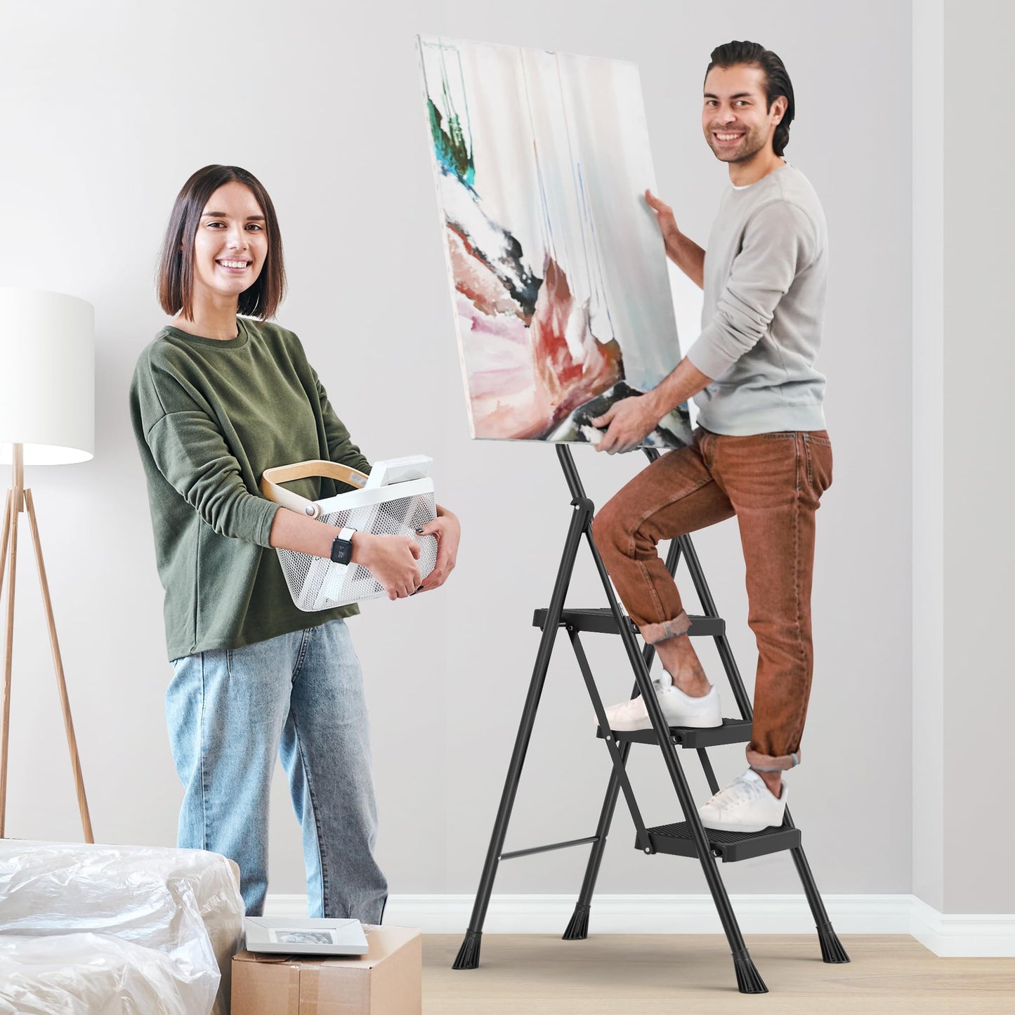 HBTower Step Ladder, Folding Step Stool with Wide Anti-Slip Pedal, Sturdy Steel Ladder, Convenient Handrail, Lightweight, Portable Steel Step Stool