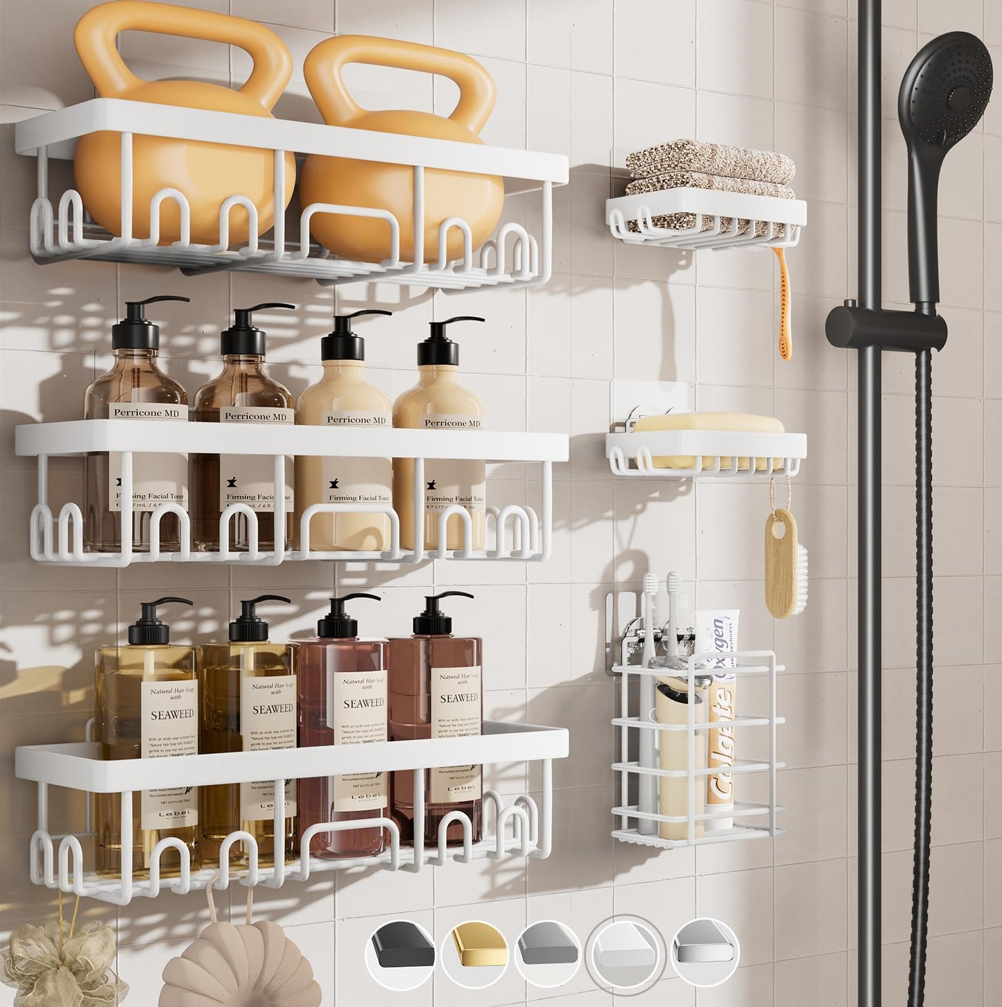 Veken Stainless Steel Shower Caddy 6-Pack, No Drilling & Rustproof, Waterproof Adhesive Shelves Rack with Soap Holder, Large Capacity Bathroom Organizers and Storage, Wall-Mounted Kitchen & Home Decor