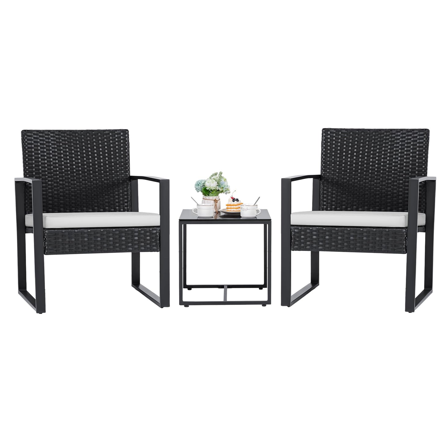 Flamaker 3 Pieces Patio Set Outdoor Wicker Furniture Sets Modern Rattan Chair Conversation Sets with Coffee Table for Yard and Bistro (Black)