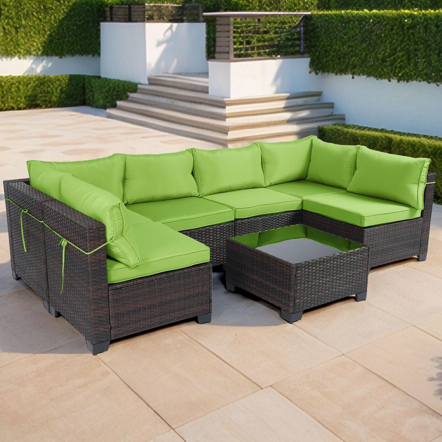 LEVELEVE 7 Pieces Outdoor Patio Furniture Sets,Rattan Conversation Sectional Set,Manual Weaving Wicker Patio Sofa with Tea Table