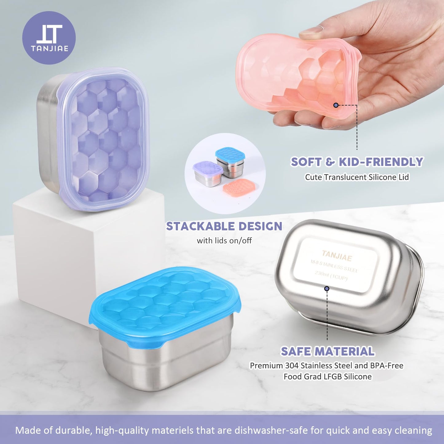 Small (1 CUP) Stainless Steel Snack Containers for Kids | Easy Open Leak Proof Food Containers with Silicone Lids - Perfect Metal Toddler Lunch Box for Daycare and School (8oz)