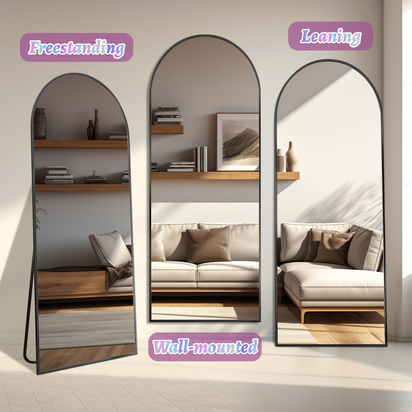 Full Length Mirror, 76"x34" Arched Floor Mirror Freestanding, Floor Standing Full Body Mirror with Stand for Bedroom, Hanging Mounted for Living Room Cloakroom, Black