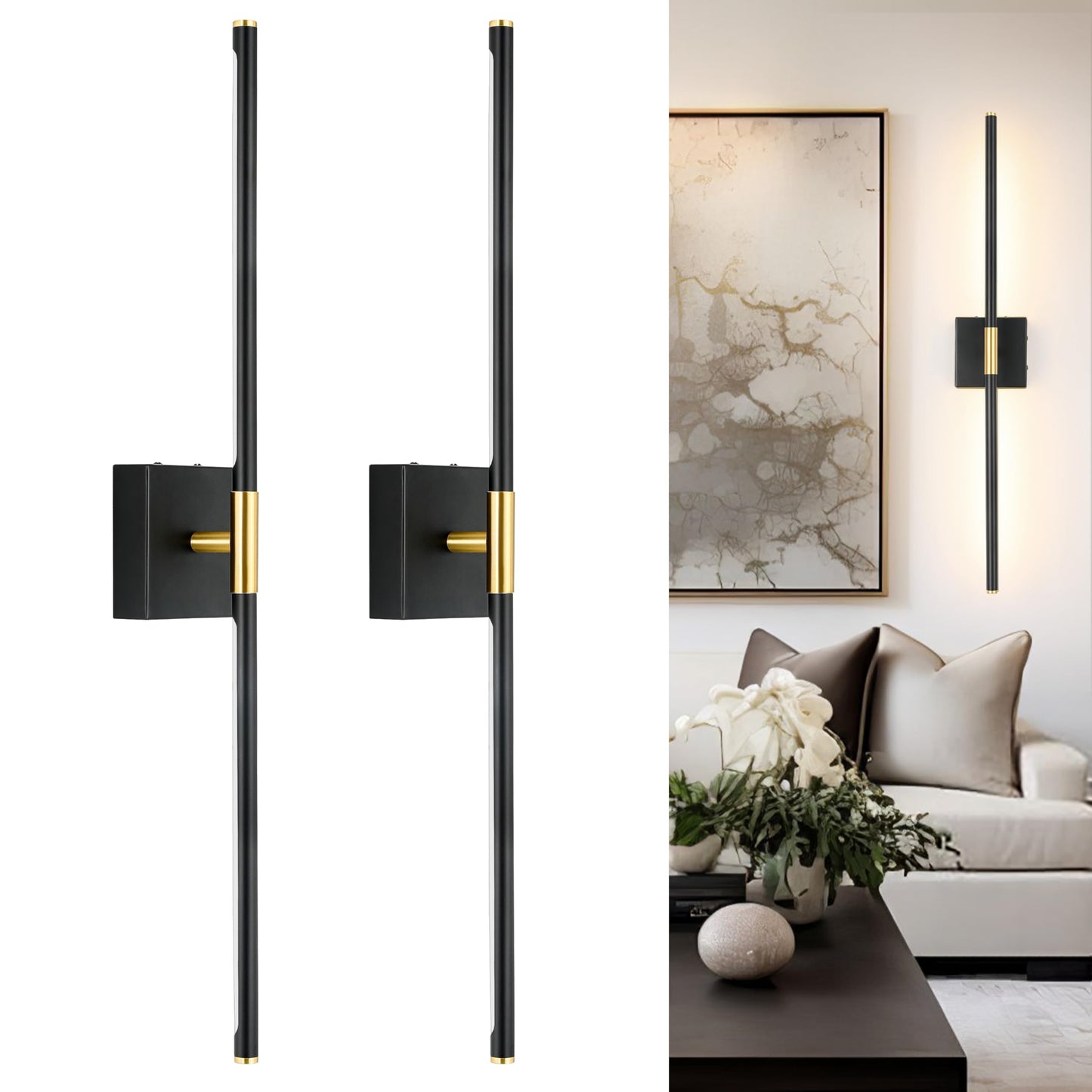 Battery Operated Wall Sconces Set of 2, Dimmable Battery Wall Sconce with Remote Control, Black Gold LED Rechargeable Sconces, 24 Inch Modern Wireless Wall Lights for Bedroom, Living Room