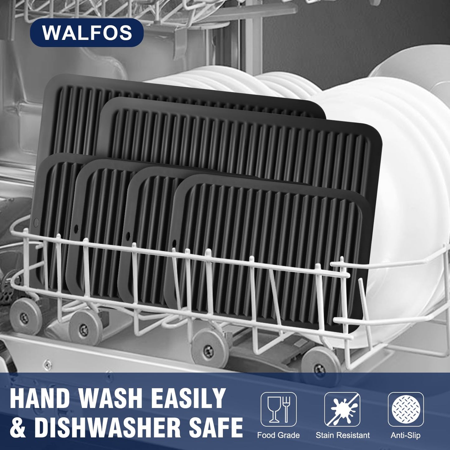 Walfos Silicone Trivet Mats - 4 Heat Resistant Pot Holders, Multipurpose Non-Slip Hot Pads for Kitchen Potholders, Hot Dishers, Jar Opener, Spoon Holder, Food Grade Silicone & BPA Free (Black)