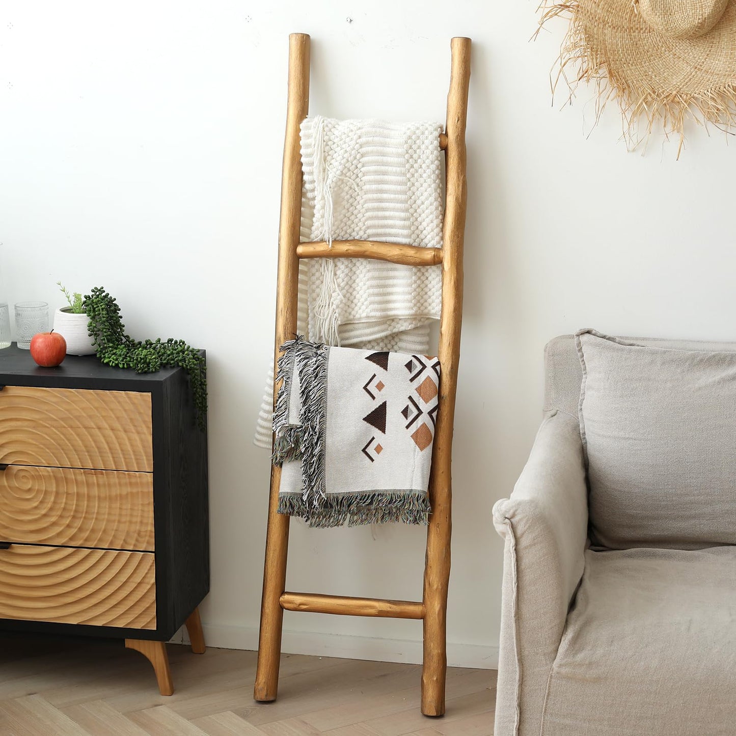 FUIN Fully Assembled 57in Wood Blanket Ladder Living Room Decorative Wall Leaning Farmhouse Quilt Display Holder Rustic Wooden Towel Rack for Bathroom, Unfinished