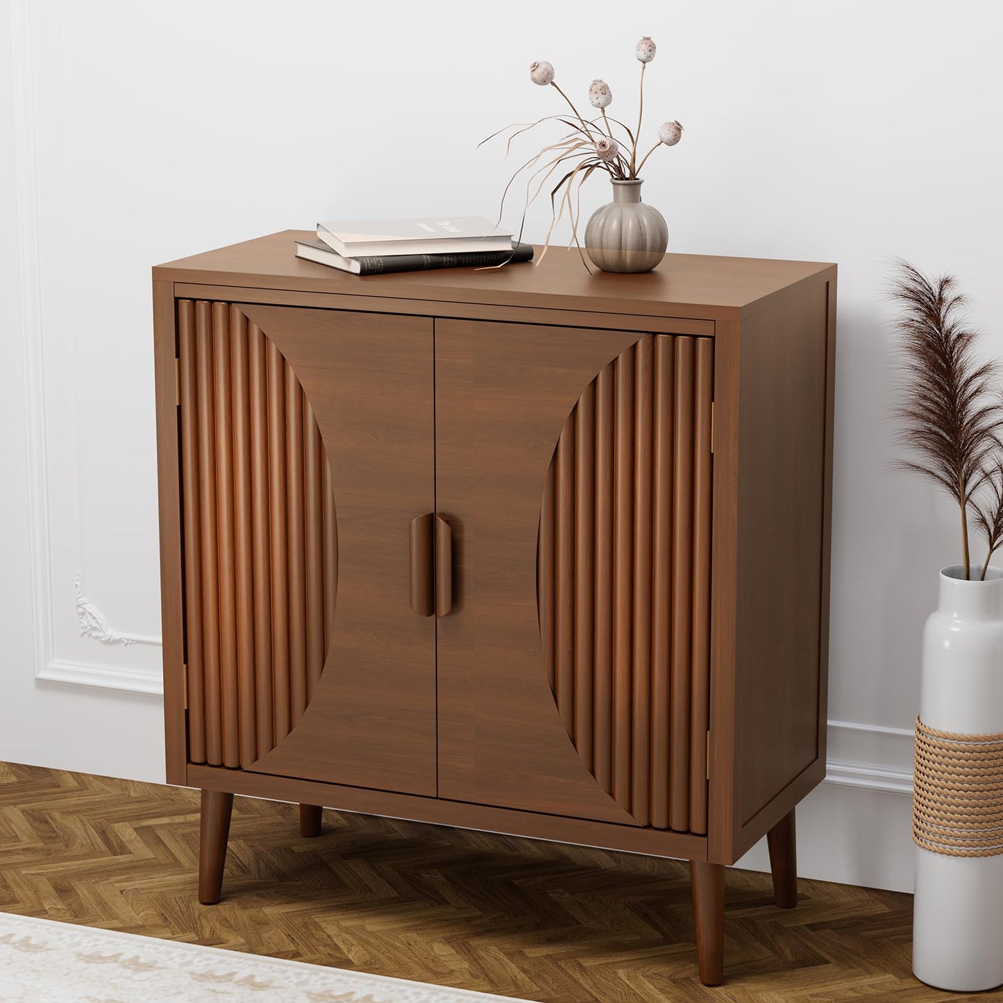HOMPUS Accent Cabinet with Doors and Shelf,Rustic Boho Decorative Buffet Cabinet with Wood Grain Finish,Buffet Sideboard Storage Cabinet with Flower Pattern,Farmhouse Cabinet for Living Room,Entryway