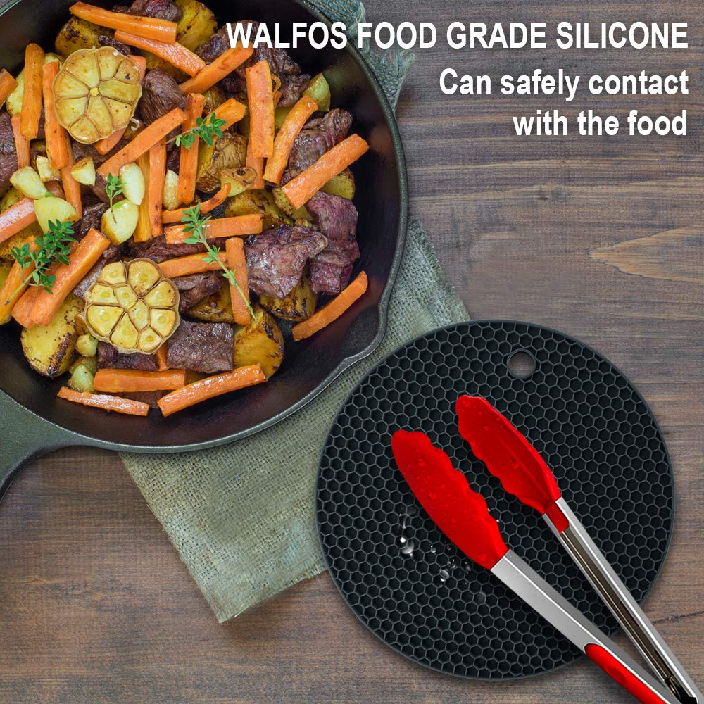 Walfos Silicone Trivet Mats - 4 Heat Resistant Pot Holders, Multipurpose Non-Slip Hot Pads for Kitchen Potholders, Hot Dishers, Jar Opener, Spoon Holder, Food Grade Silicone & BPA Free (Black)