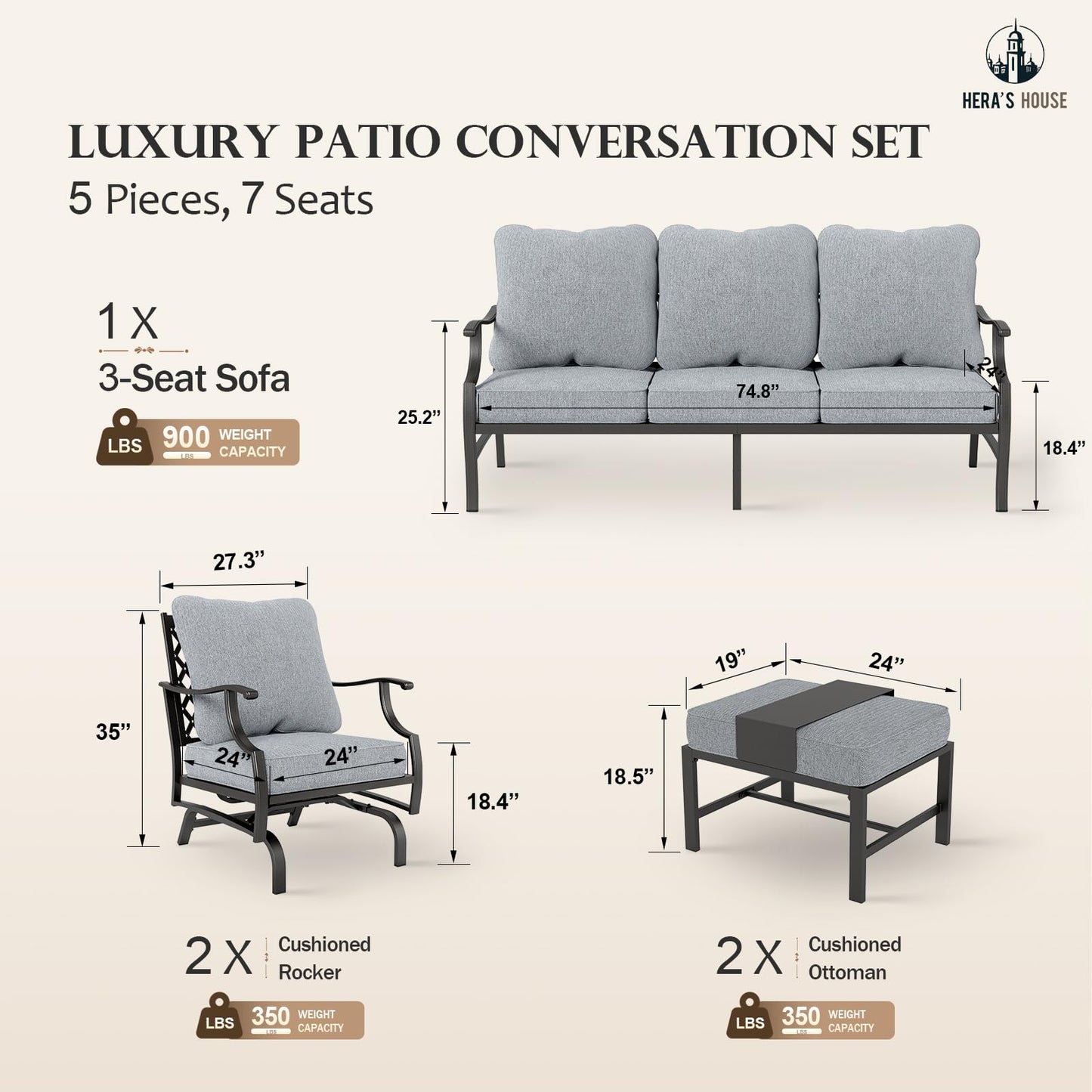 HERA'S HOUSE 7 Piece Patio Furniture Set, 2 x Rocking Chair, 2 x Fixed Chair, 2 x Ottoman, 1 x 3-Seat Sofa, All Cushioned 9 Seats Outdoor Conversation Set for Lawn Garden Backyard