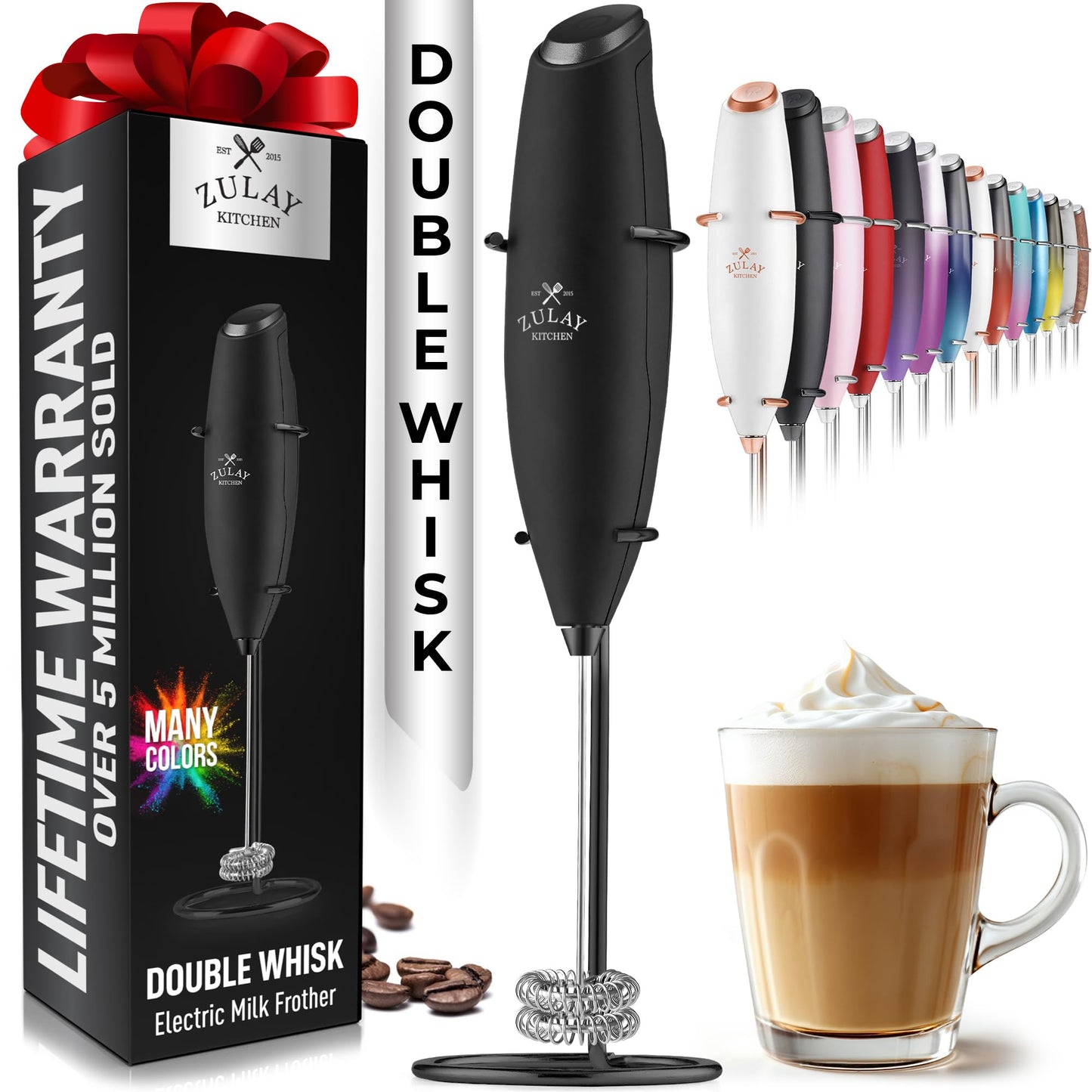 Zulay Double Whisk Milk Frother Handheld Mixer - High Powered Frother For Coffee With Improved Motor - Milk Frother Electric Whisk Drink Mixer For Cappuccino, Frappe, Matcha, Twin Whisk - Black/Copper