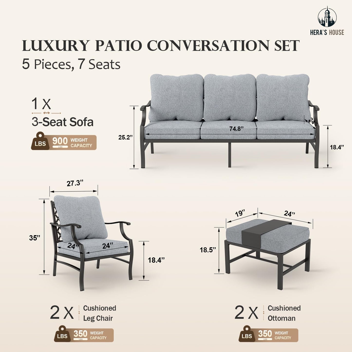 HERA'S HOUSE 7 Piece Patio Furniture Set, 2 x Rocking Chair, 2 x Fixed Chair, 2 x Ottoman, 1 x 3-Seat Sofa, All Cushioned 9 Seats Outdoor Conversation Set for Lawn Garden Backyard