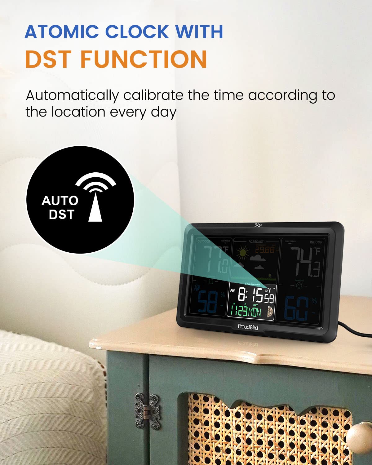Weather Station Wireless Indoor Outdoor Thermometer, Wide Viewing Angle Home Weather Stations, Colorful Large 7.6" Display, Atomic Clock Weather Forecast Adjustable Backlight, Black
