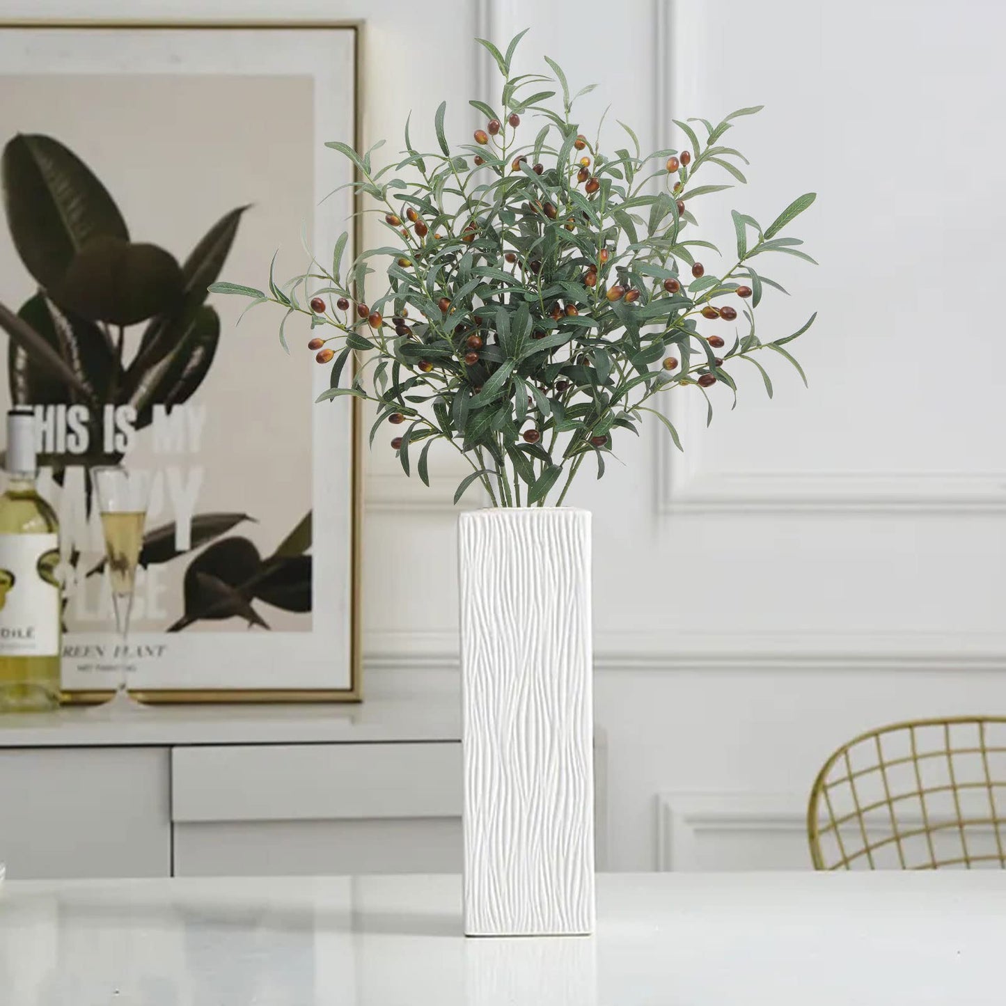 SHACOS 4 PCS 28 inch Artificial Olive Branches Greenery Stems for Vases Olive Stems with Olives Faux Olive Tree Branch for Home Wedding Shop Office Garden Decor DIY Floral Crafts