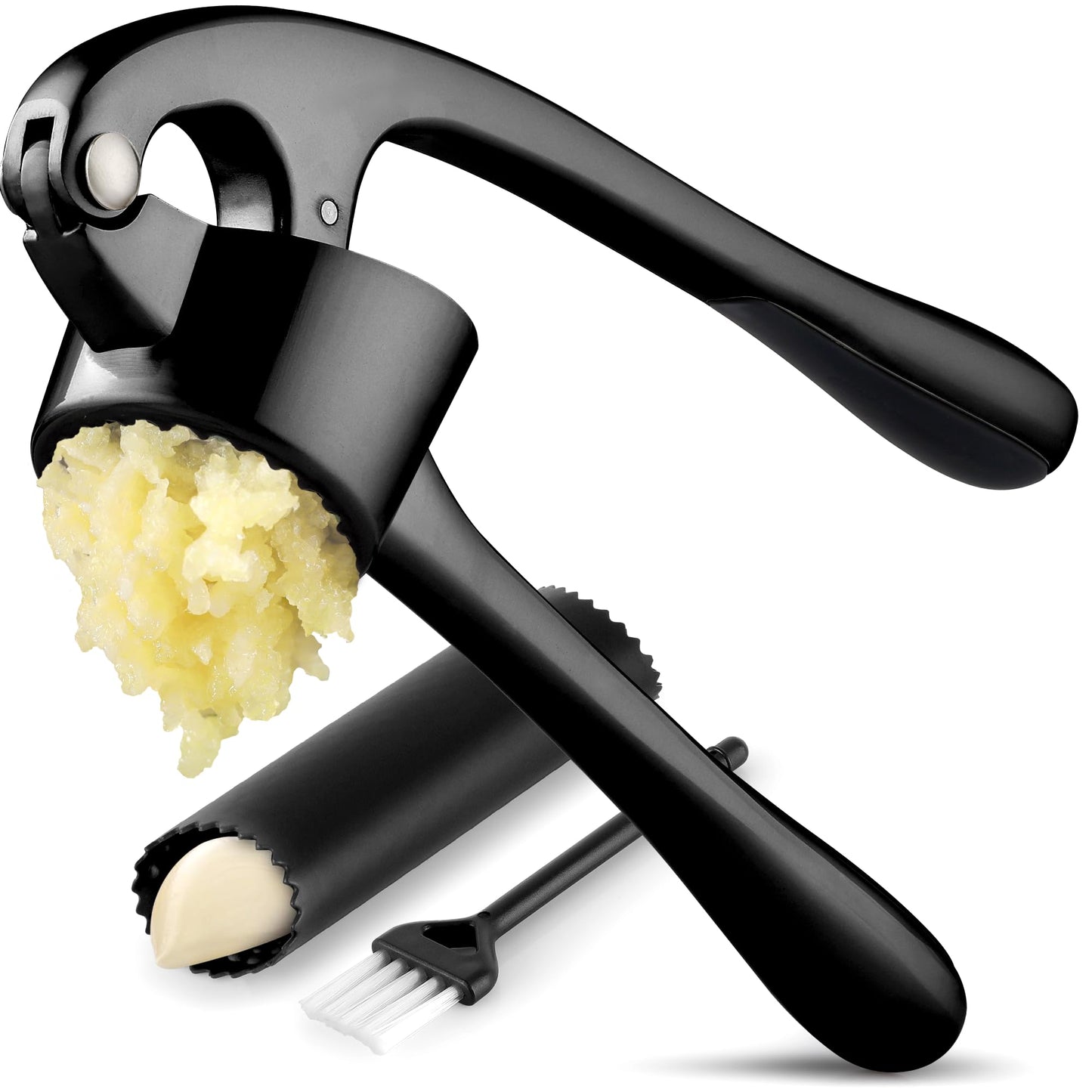 Zulay Kitchen Premium Garlic Press Set - Rust Proof & Dishwasher Safe Professional Garlic Mincer Tool - Easy-Squeeze, Easy-Clean with Soft, Ergonomic Handle - Silicone Garlic Peeler & Brush (Silver)