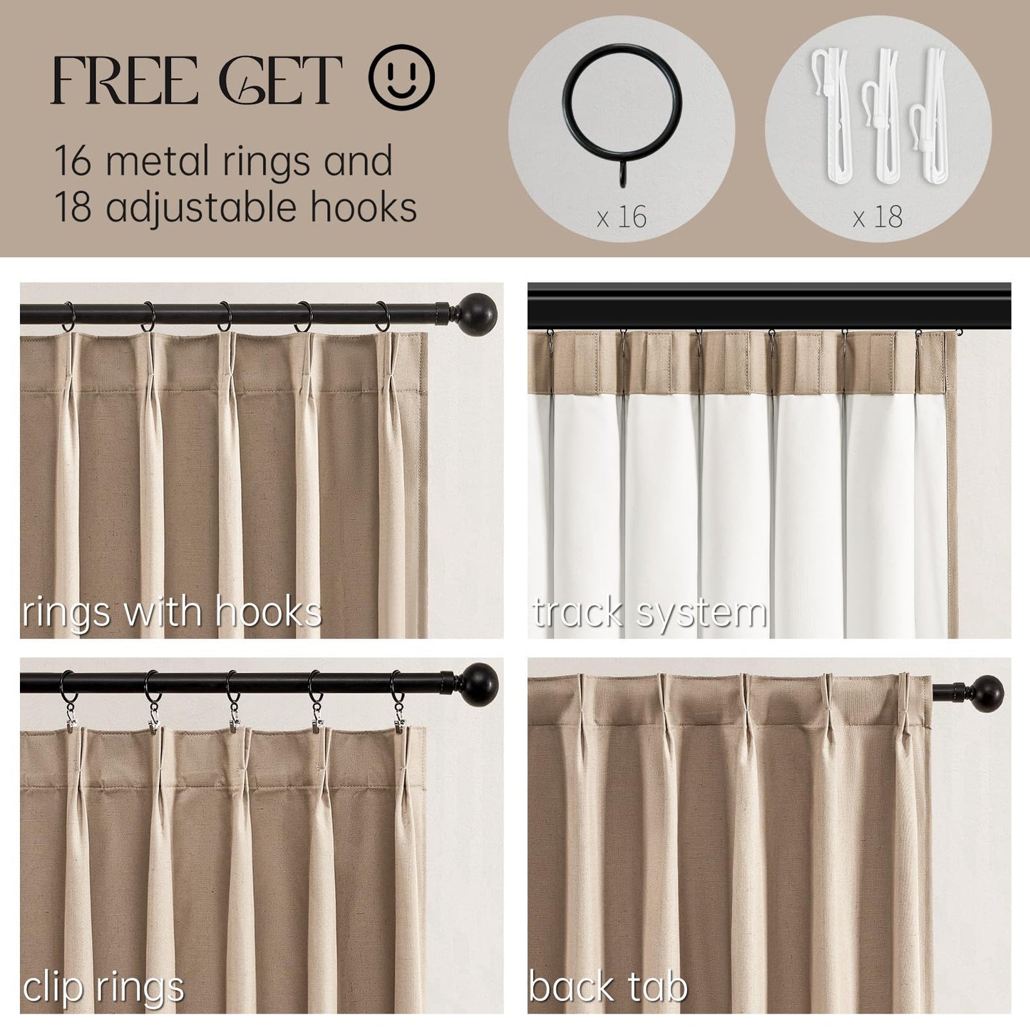 Topfinel 120 Inches Long Extra Long Pinch Pleat Faux Linen Curtains for Living Room,Neutral Beige 100 Percent Blackout Floor to Ceiling Farmhouse Sound Absorbing Drapes 2 Panels for Track System 10 FT