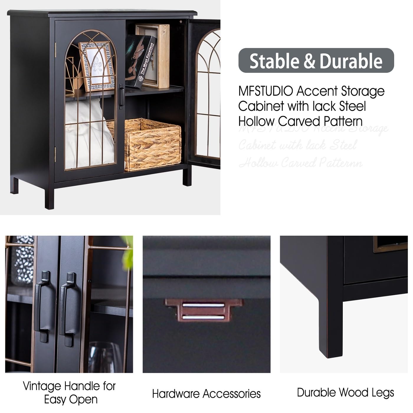 MFSTUDIO Accent Storage Cabinet with 2 Doors, Distressed Storage Cabinet Buffet Sideboard Display Cabinet with Metal Church Window Door for Entryway Living Room Kitchen, Black