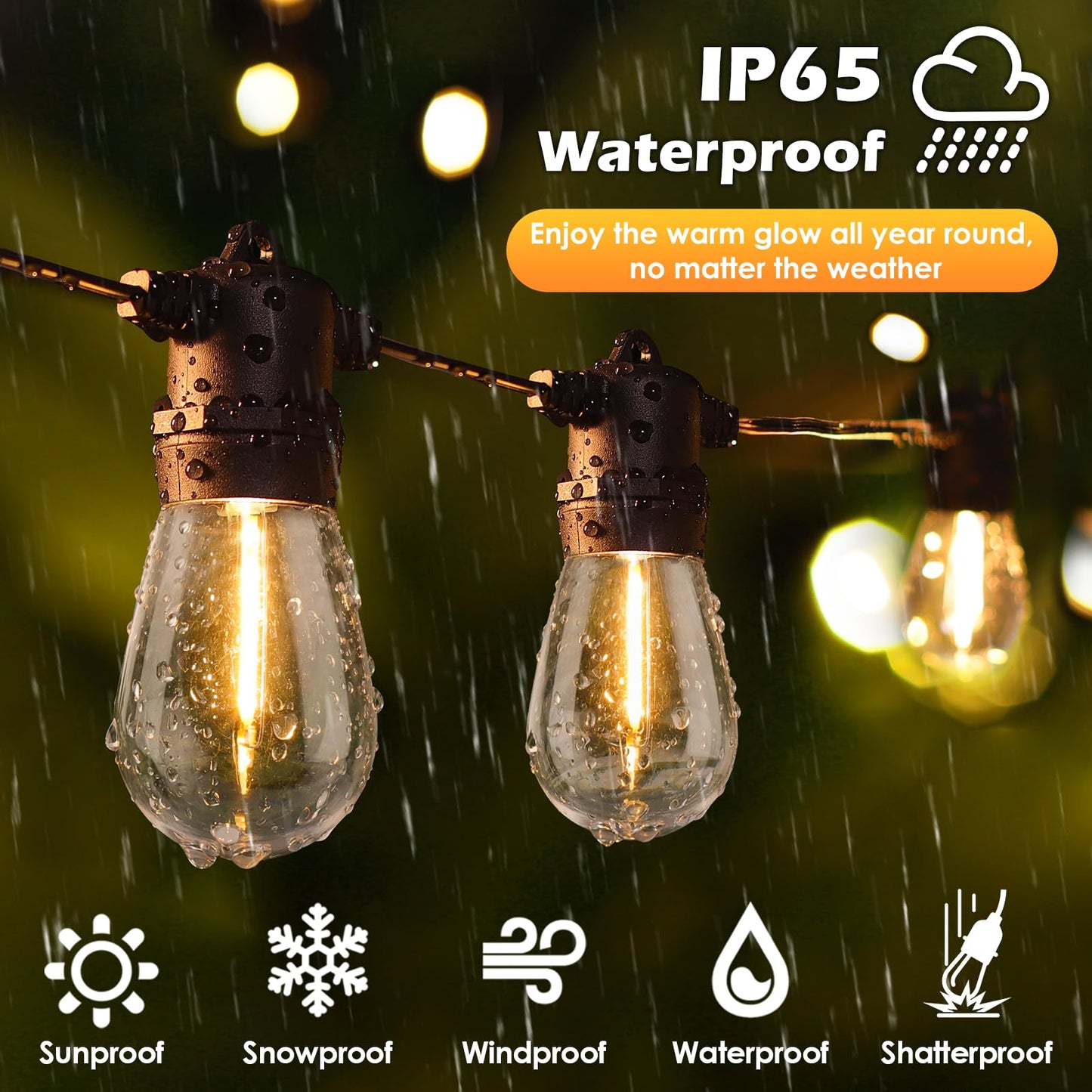 96FT LED Outdoor String Lights, Waterproof Patio Lights with 30+2 2700K Dimmable Shatterproof Edison Hanging Bulbs for Backyard Party-Black