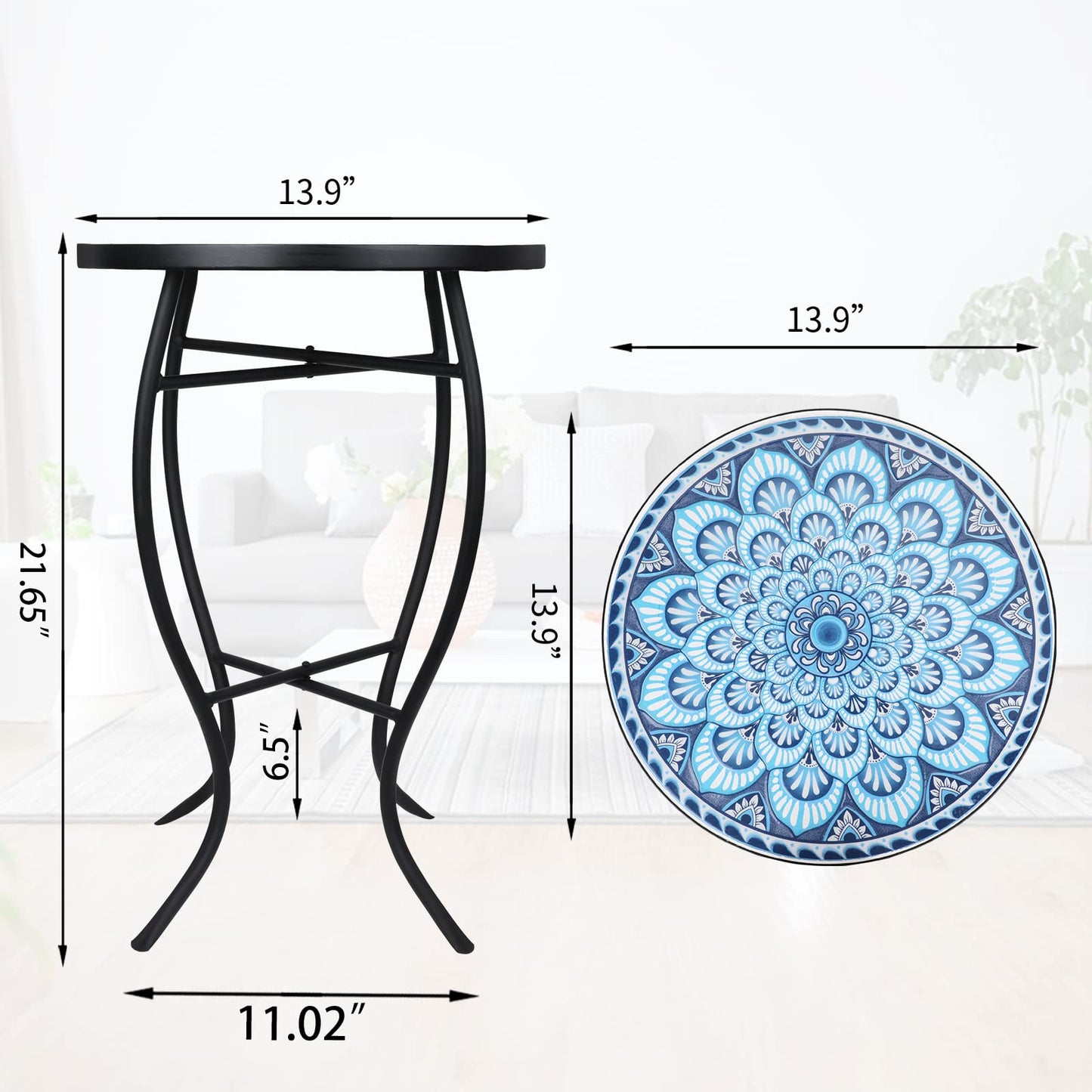 VCUTEKA Mosaic Side Table, 21" Round End Table with 14" Ceramic Tile Top, Patio Accent Table Indoor and Outdoor End Table for Yard, Garden, Living Room, Bistro Balcony or Lawn Golden Sun