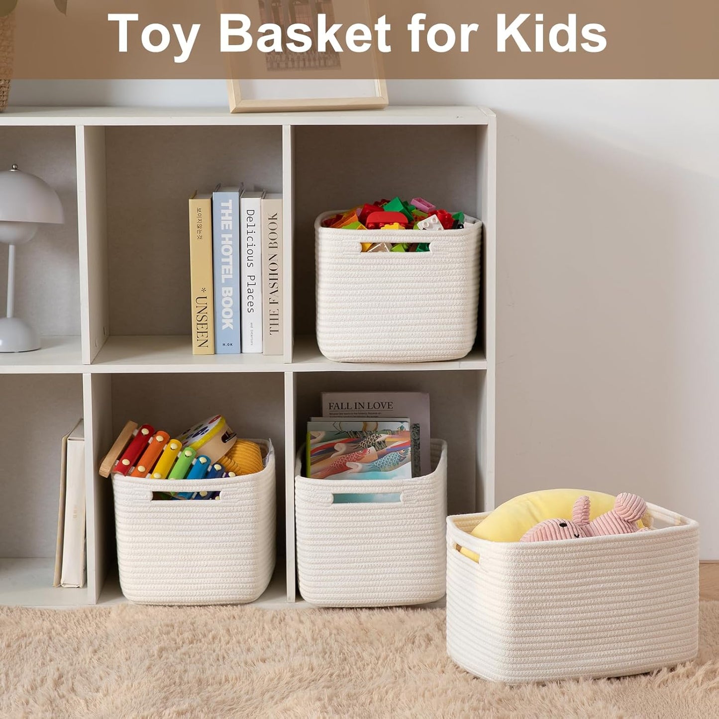 Storage Baskets for Organizing, Woven Decorative Baskets for Shelves - Books, Towels, and Clothes, Cotton Rope Toy Storage Bins, 12.7''Lx9''Wx7.8''H, Pack of 4, Brown