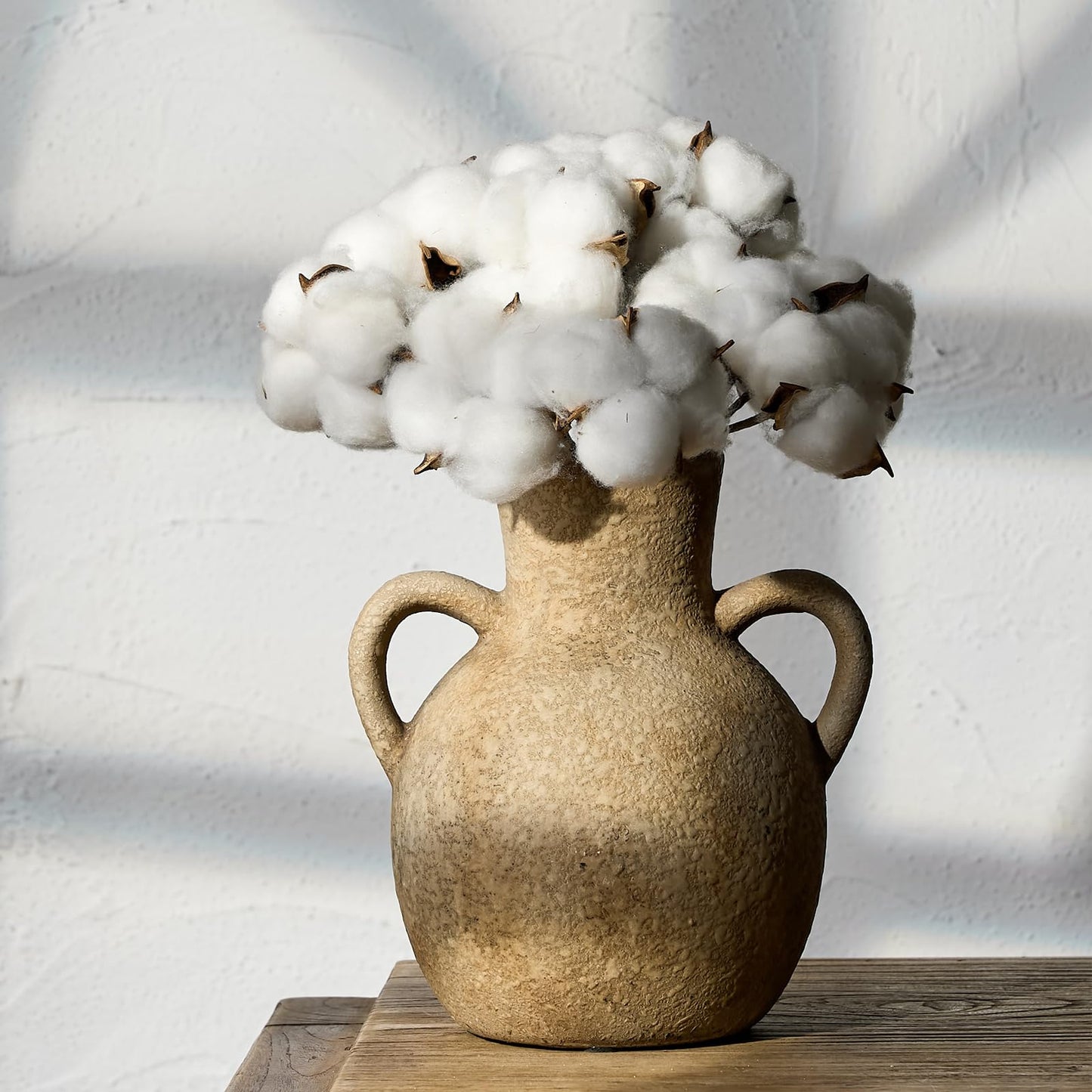 SIDUCAL Rustic Ceramic Farmhouse Flower Vase with 2 Handles, Whitewashed Terra Cotta Vase, Decorative Pottery Flower for Home Decor, Table, Living Room, Shelf Decor, 7.3 Inch, Terra