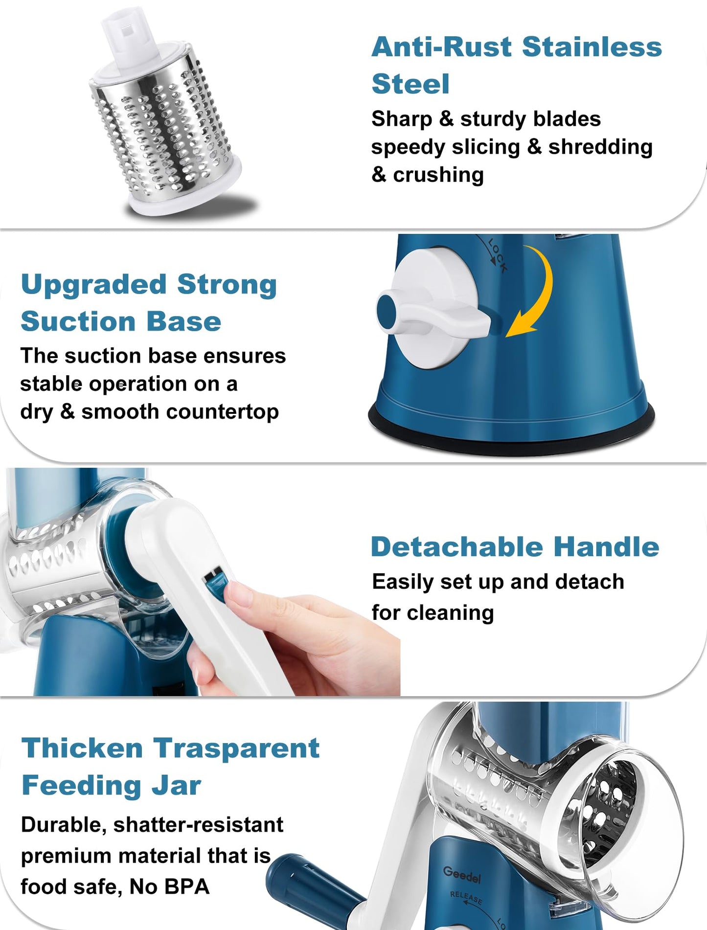 Geedel Rotary Cheese Grater Cheese Shredder - Upgraded 5-in-1 Cheese Grater with Handle and Strong Suction Base, Multi-purpose Vegetable Slicer Ice Shaver Nuts Grinder for Ice, Vegetables, Fruit, Nuts