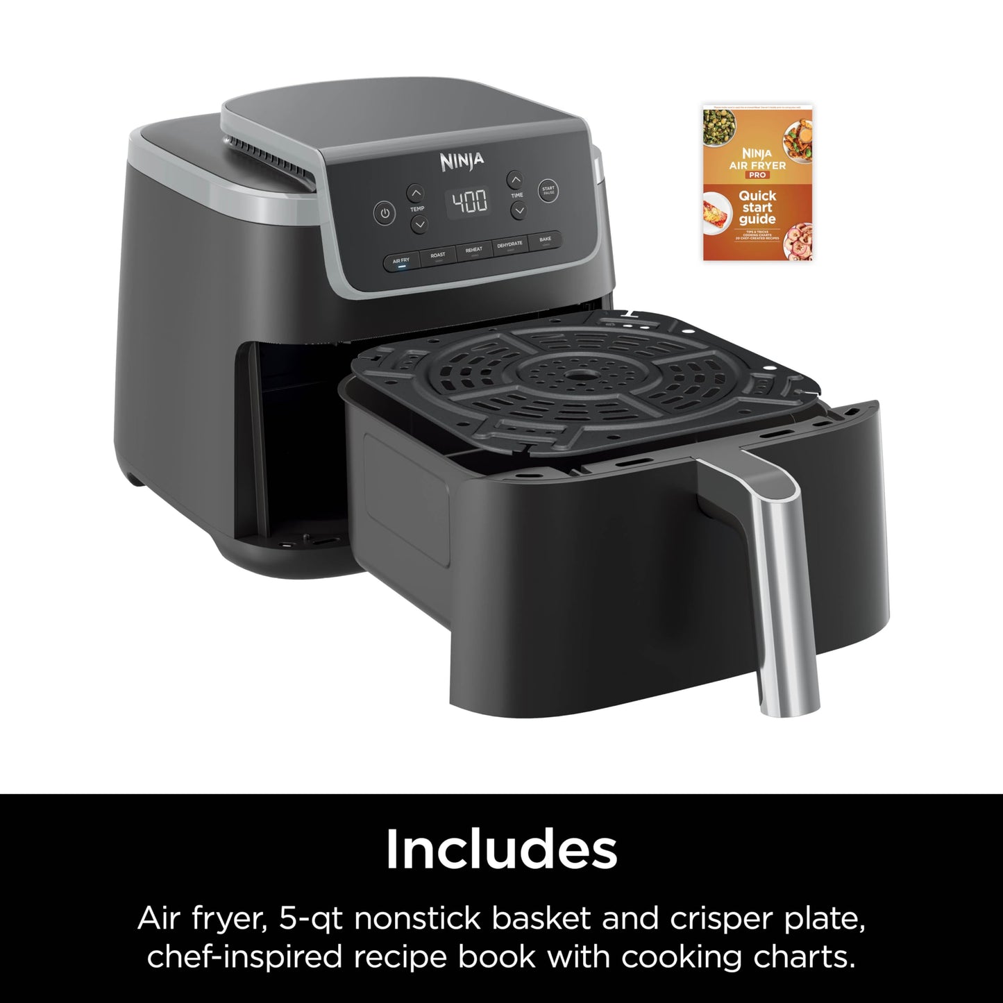 Ninja Air Fryer Pro 4-in-1 with 5 QT Capacity, Air Fry, Roast, Reheat, Dehydrate, Air Crisp Technology with 400F for hot, 120 Volts, Nonstick Basket & Crisper Plate, Grey, AF141