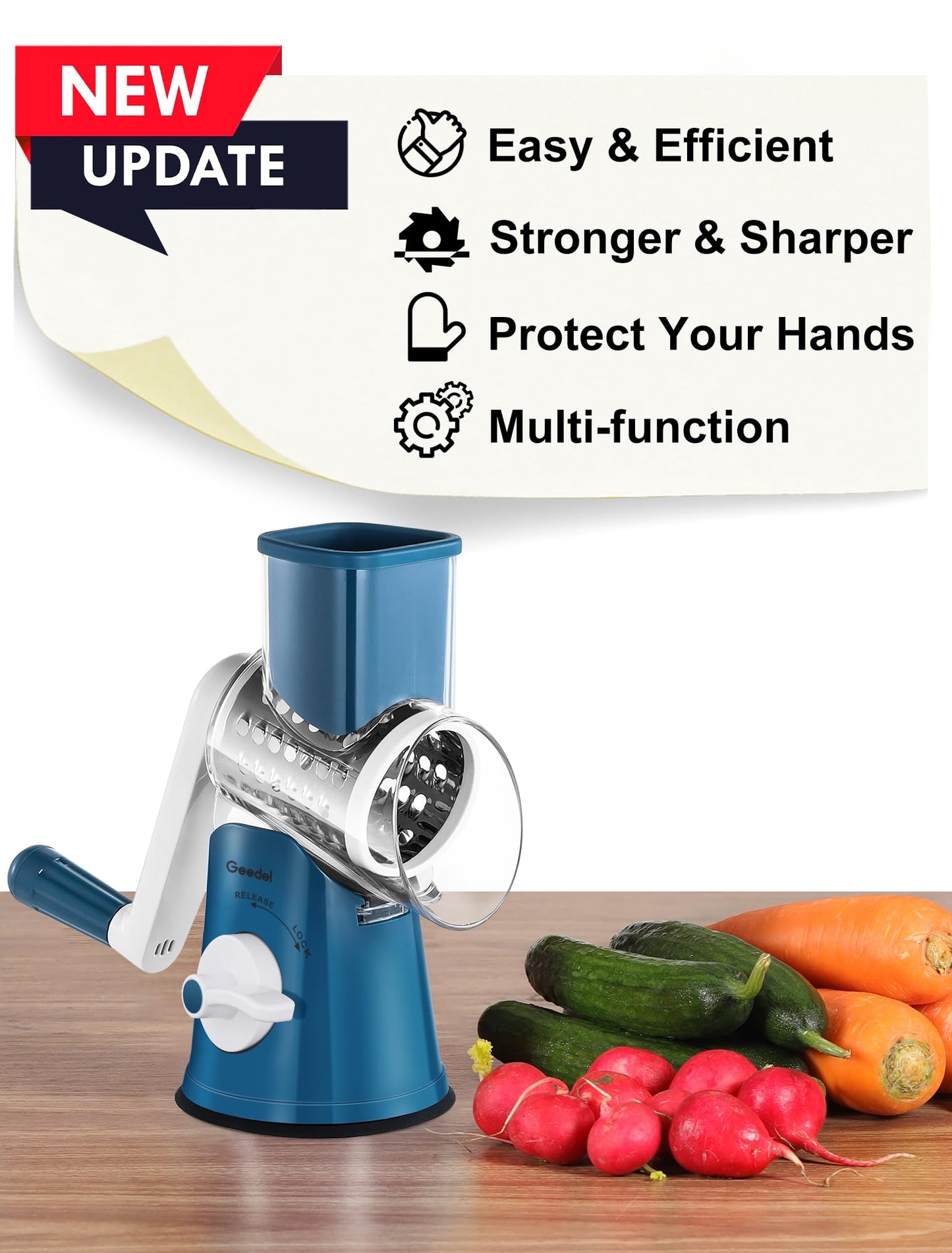 Geedel Rotary Cheese Grater Cheese Shredder - Upgraded 5-in-1 Cheese Grater with Handle and Strong Suction Base, Multi-purpose Vegetable Slicer Ice Shaver Nuts Grinder for Ice, Vegetables, Fruit, Nuts