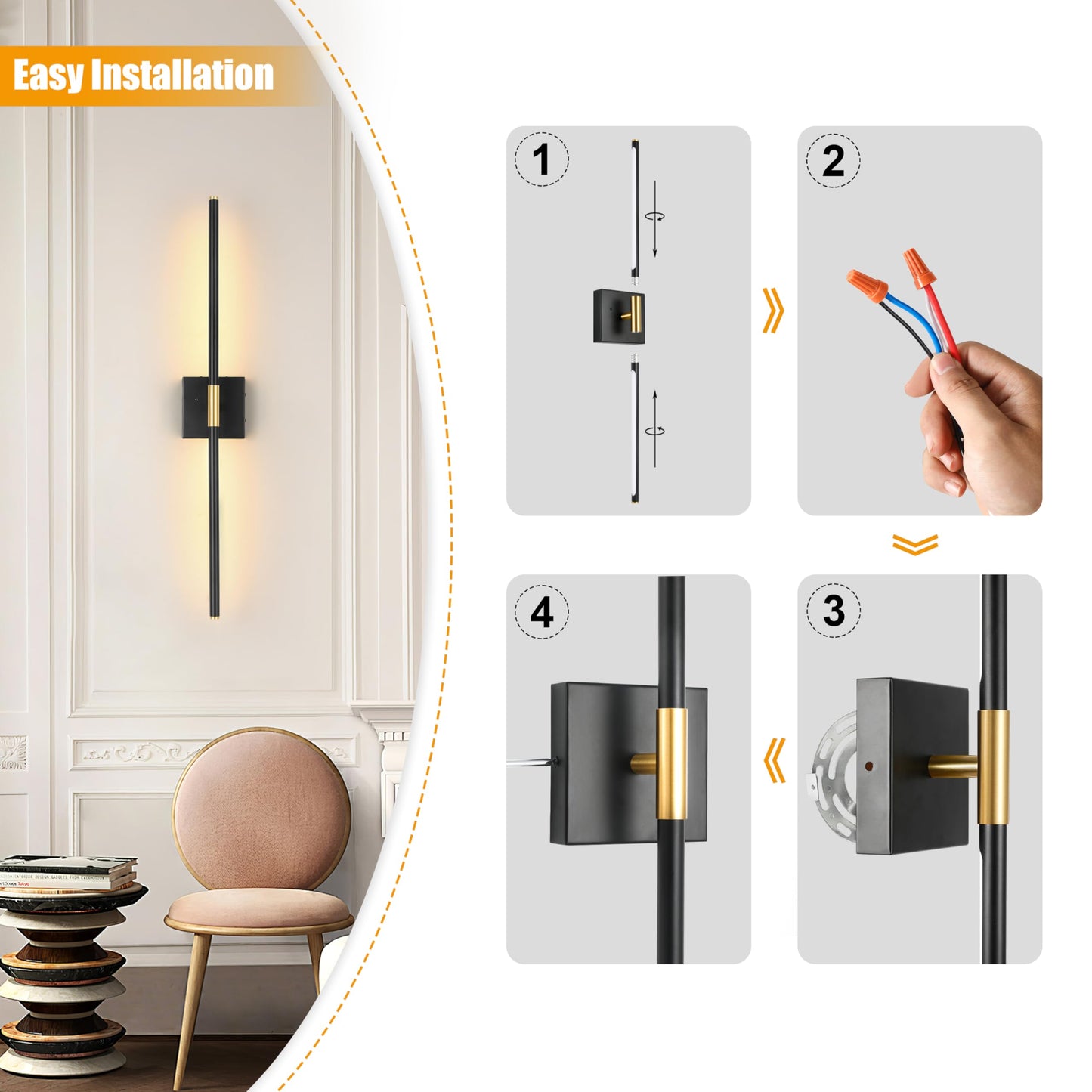 Battery Operated Wall Sconces Set of 2, Dimmable Battery Wall Sconce with Remote Control, Black Gold LED Rechargeable Sconces, 24 Inch Modern Wireless Wall Lights for Bedroom, Living Room