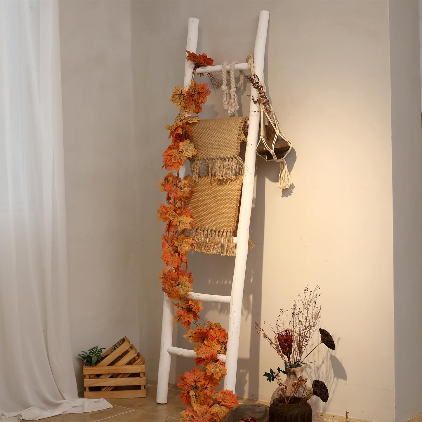 FUIN Fully Assembled 57in Wood Blanket Ladder Living Room Decorative Wall Leaning Farmhouse Quilt Display Holder Rustic Wooden Towel Rack for Bathroom, Unfinished