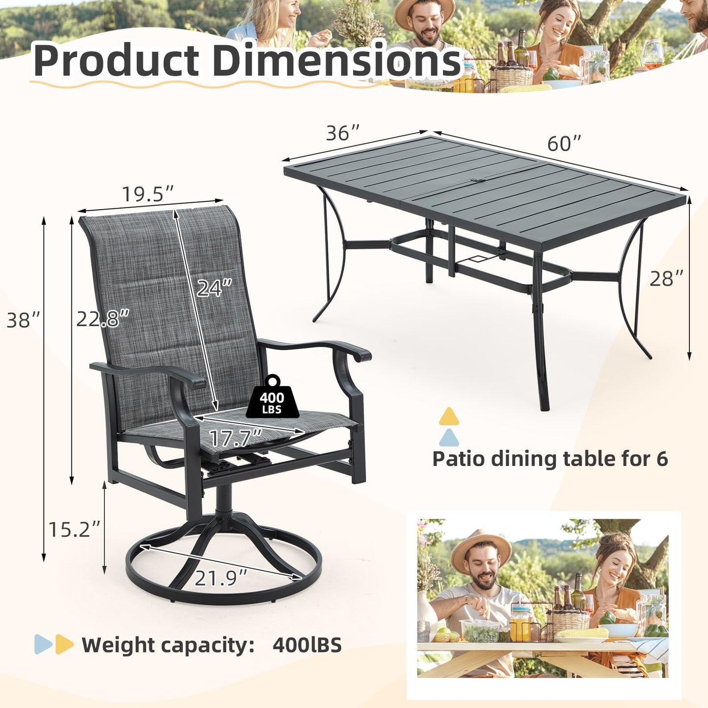 9-Piece Outdoor Patio Dining Set with 8 Swivel Rocker Chairs, Rectangular Metal Table with Umbrella Hole, 8-Person Patio Table and Chairs for Backyard, Poolside, Balcony and Garden Grey