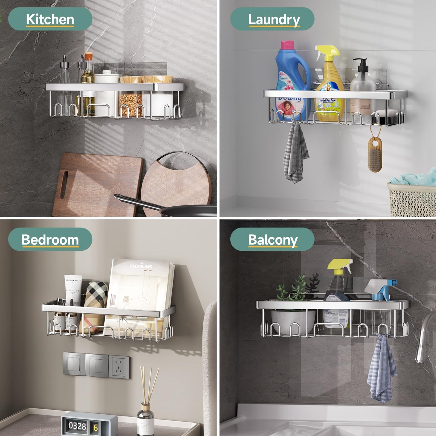 Veken Stainless Steel Shower Caddy 6-Pack, No Drilling & Rustproof, Waterproof Adhesive Shelves Rack with Soap Holder, Large Capacity Bathroom Organizers and Storage, Wall-Mounted Kitchen & Home Decor