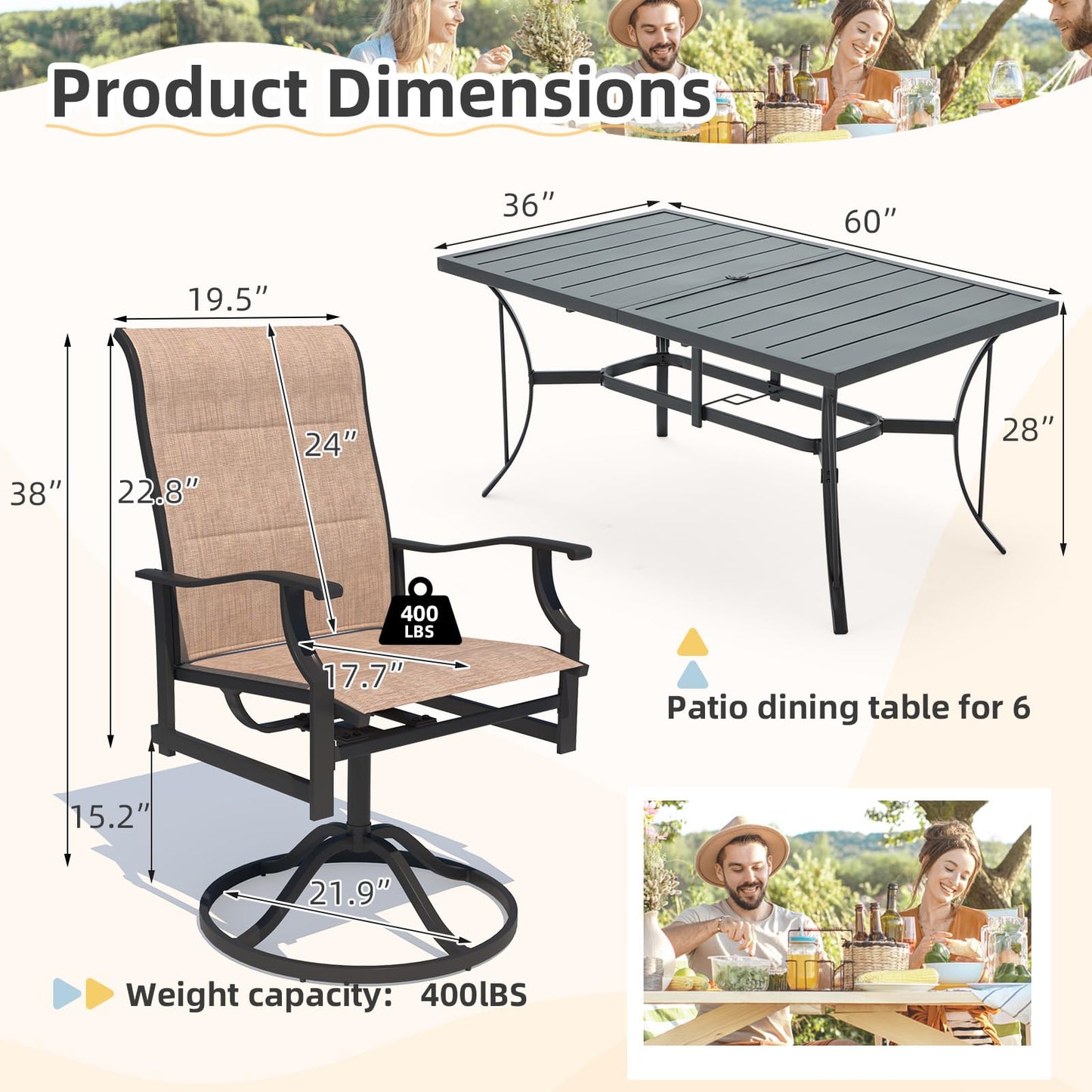 9-Piece Outdoor Patio Dining Set with 8 Swivel Rocker Chairs, Rectangular Metal Table with Umbrella Hole, 8-Person Patio Table and Chairs for Backyard, Poolside, Balcony and Garden Grey