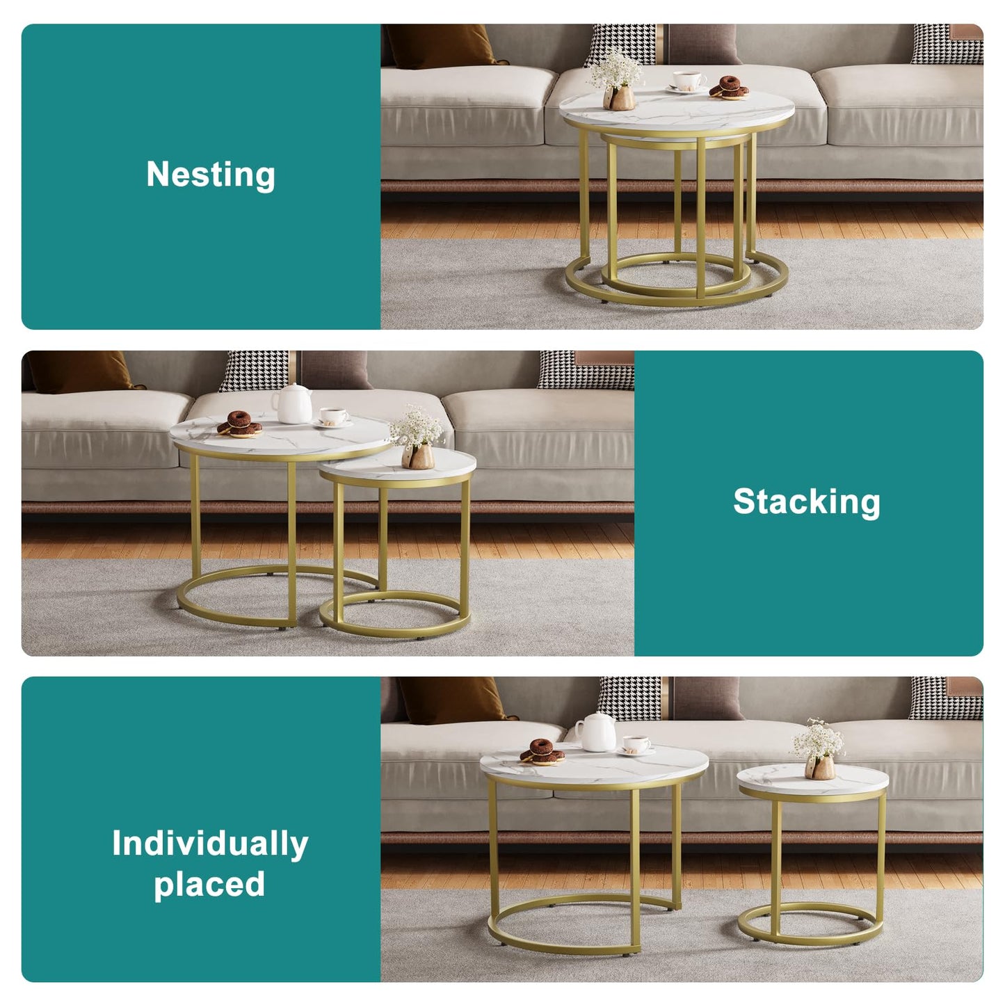 Smuxee Nesting Coffee Table Set of 2, 23.6" Round Coffee Table Wood Grain Top with Adjustable Non-Slip Feet, Industrial End Table Side Tables for Living Room Bedroom Balcony Yard