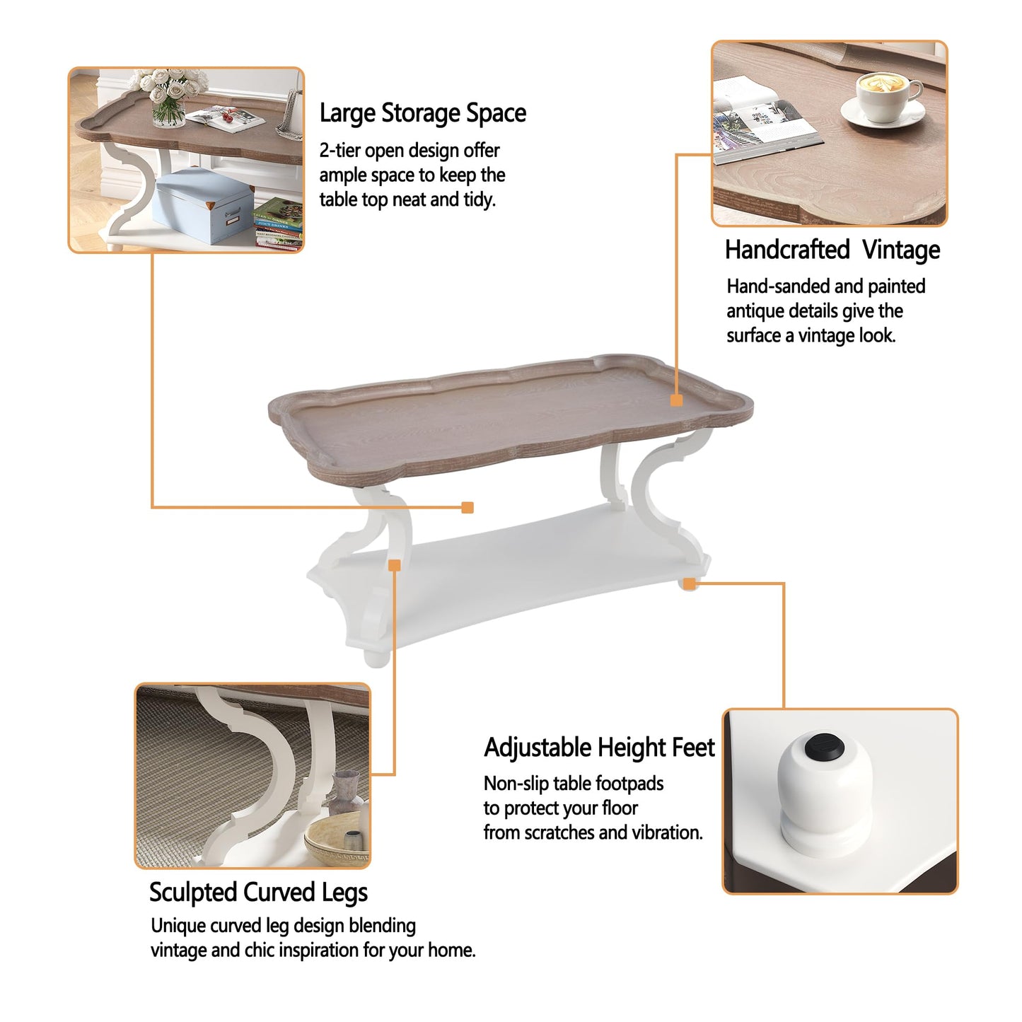 Function Home Farmhouse Coffee Table, Modern Cocktail Table with Storage Shelf, Sofa Table with Natural Tray Top and Carved Legs for Living Room, Bedroom, Dining Room in Vintage White