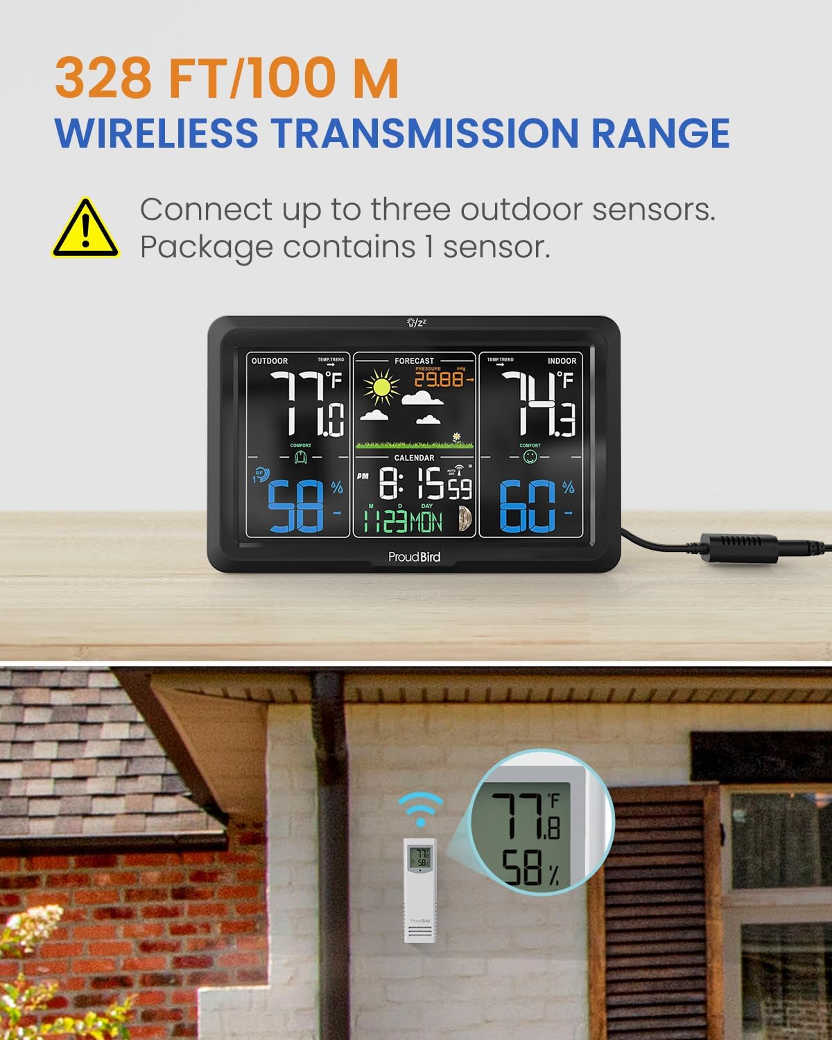 Weather Station Wireless Indoor Outdoor Thermometer, Wide Viewing Angle Home Weather Stations, Colorful Large 7.6" Display, Atomic Clock Weather Forecast Adjustable Backlight, Black