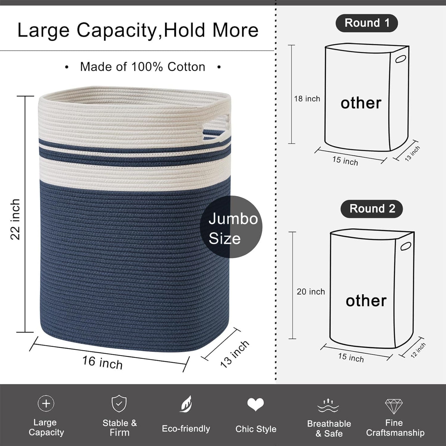 OIAHOMY Laundry Hamper-Laundry Basket,Tall Cotton Storage Basket with Handles,Decorative Blanket Basket for Living room,Collapsible Large Basket for Toys,Pillows,Clothes-16x13x22in-Yellow variegated
