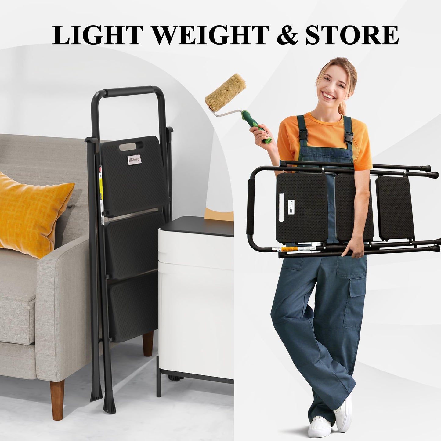 HBTower Step Ladder, Folding Step Stool with Wide Anti-Slip Pedal, Sturdy Steel Ladder, Convenient Handrail, Lightweight, Portable Steel Step Stool