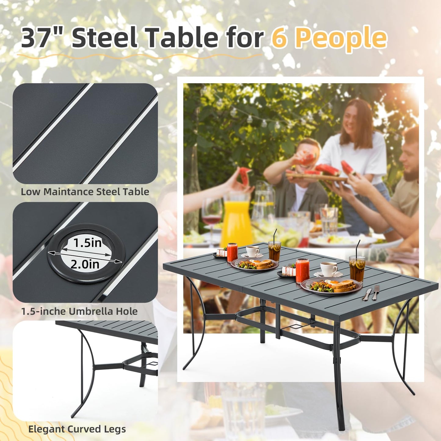 9-Piece Outdoor Patio Dining Set with 8 Swivel Rocker Chairs, Rectangular Metal Table with Umbrella Hole, 8-Person Patio Table and Chairs for Backyard, Poolside, Balcony and Garden Grey