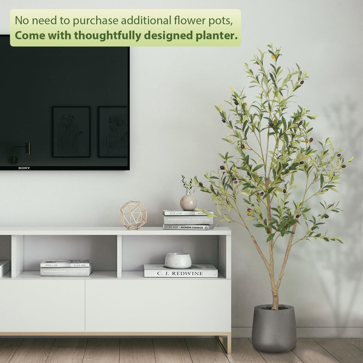 Olive Trees Artificial Indoor, 6FT Tall Faux Olive Tree with White Tall Planter, Artificial Plants with Natural Wood Trunk and Lifelike Fruits for Home Office Decor