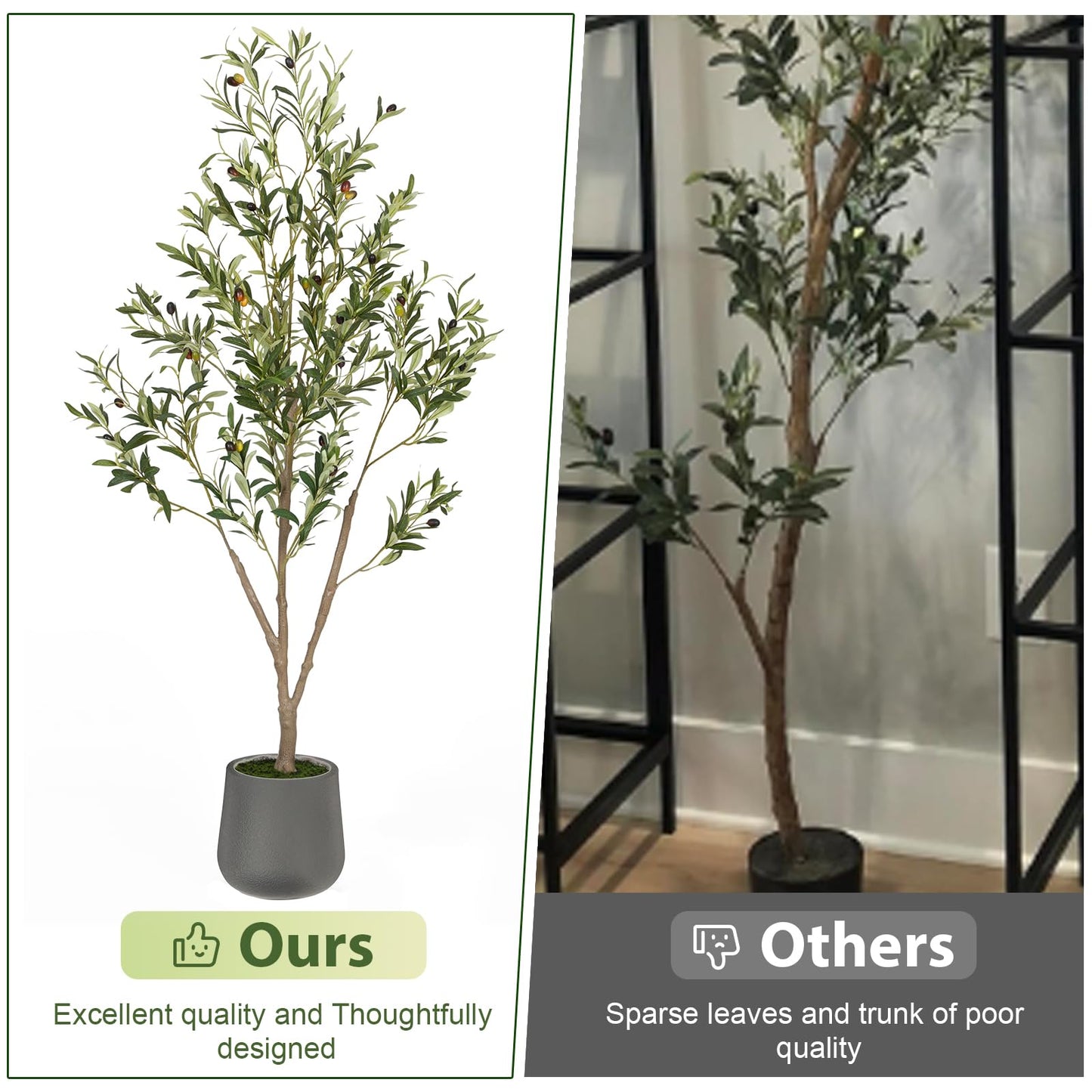 Olive Trees Artificial Indoor, 6FT Tall Faux Olive Tree with White Tall Planter, Artificial Plants with Natural Wood Trunk and Lifelike Fruits for Home Office Decor