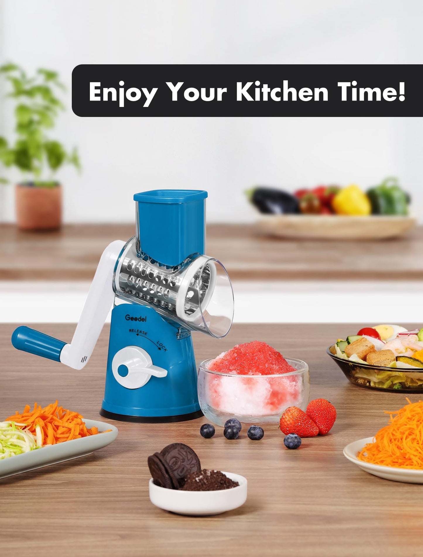Geedel Rotary Cheese Grater Cheese Shredder - Upgraded 5-in-1 Cheese Grater with Handle and Strong Suction Base, Multi-purpose Vegetable Slicer Ice Shaver Nuts Grinder for Ice, Vegetables, Fruit, Nuts