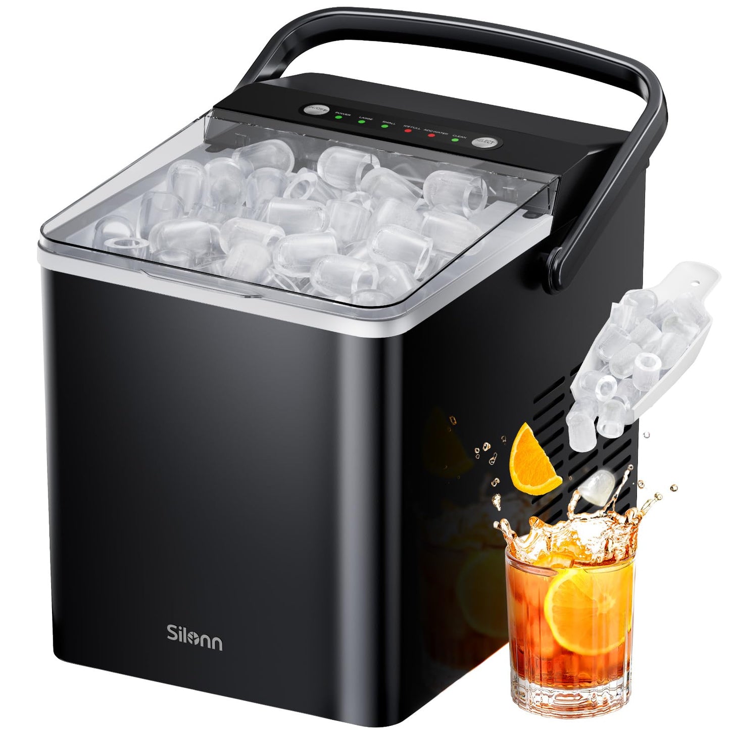 Silonn Ice Maker Countertop, Portable Ice Machine with Carry Handle, Self-Cleaning Ice Makers with Basket and Scoop, 9 Cubes in 6 Mins, 26 lbs per Day, Ideal for Home, Kitchen, Camping, RV