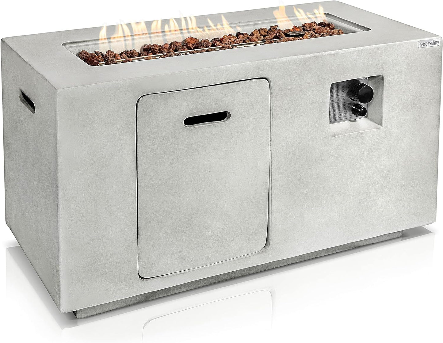 SereneLife Outdoor Propane Gas Fire Pit Table – 50,000 BTU Auto-Ignition Firepit with Glass Wind Guard, Black Tempered Glass Top & Clear Glass Rocks for Garden, Patio, or Backyard
