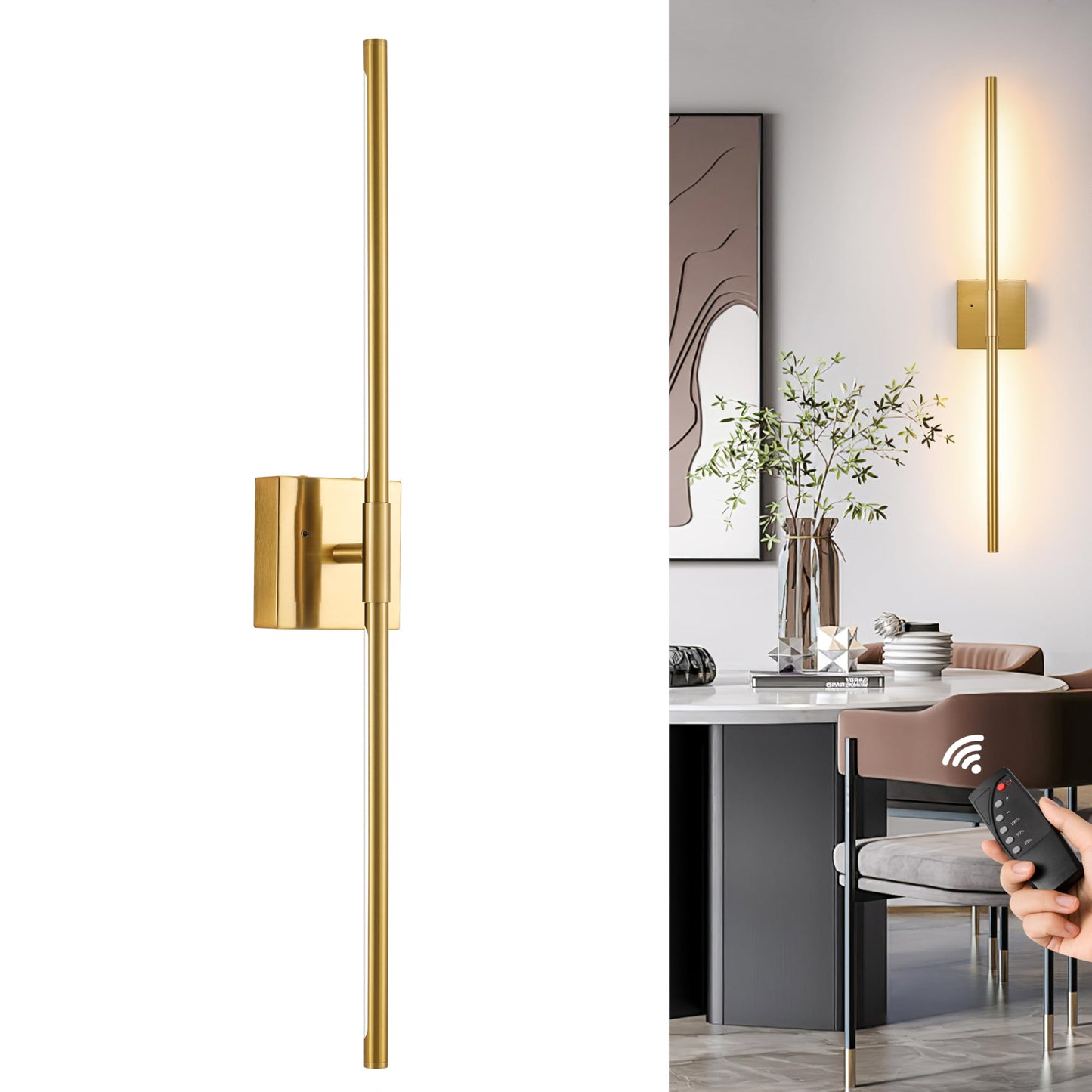 Battery Operated Wall Sconces Set of 2, Dimmable Battery Wall Sconce with Remote Control, Black Gold LED Rechargeable Sconces, 24 Inch Modern Wireless Wall Lights for Bedroom, Living Room