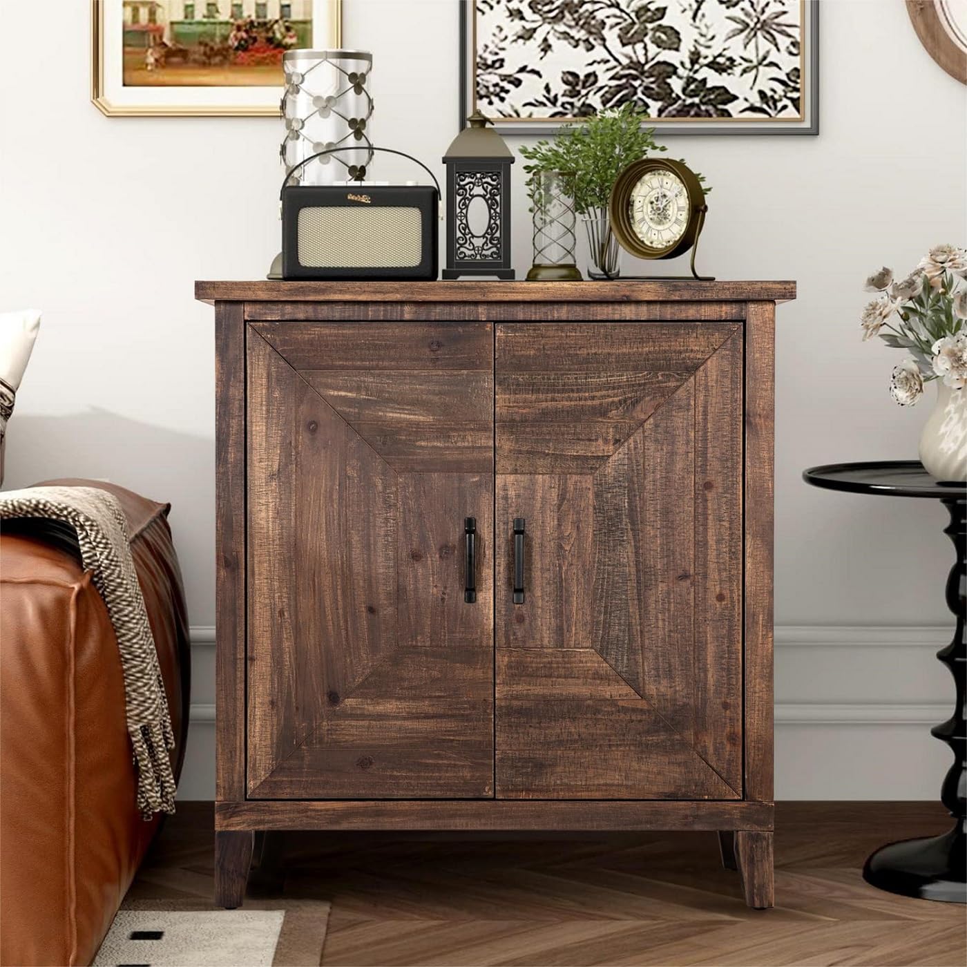 MFSTUDIO Accent Storage Cabinet with 2 Doors, Distressed Storage Cabinet Buffet Sideboard Display Cabinet with Metal Church Window Door for Entryway Living Room Kitchen, Black