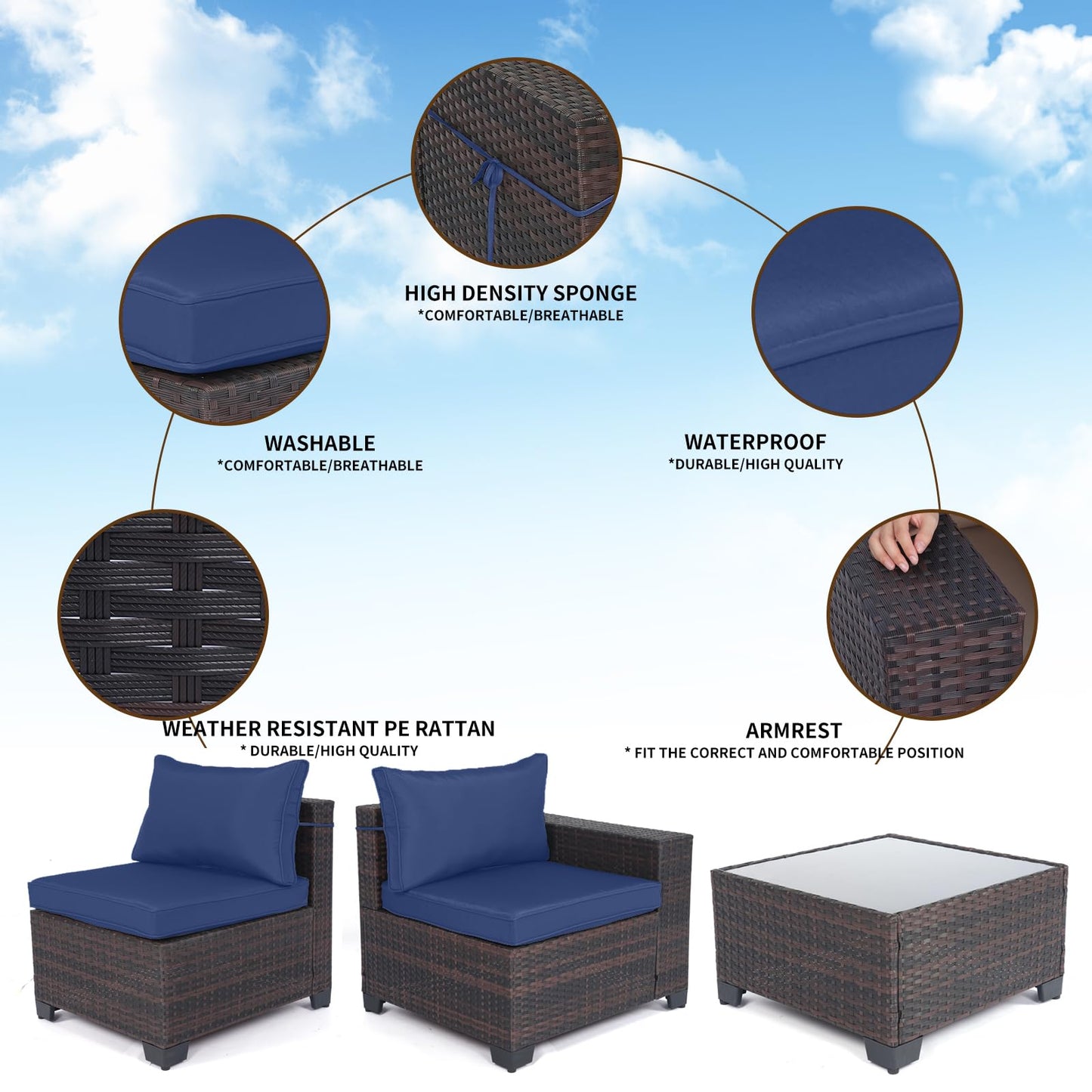 LEVELEVE 7 Pieces Outdoor Patio Furniture Sets,Rattan Conversation Sectional Set,Manual Weaving Wicker Patio Sofa with Tea Table