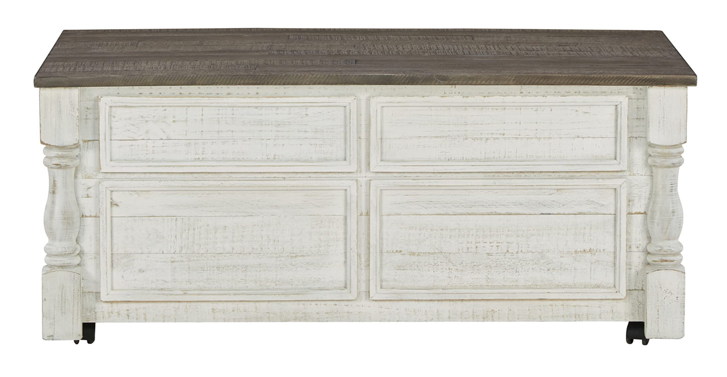 Signature Design by Ashley Havalance Farmhouse Lift Top Coffee Table with Fixed Shelf and 2 Hidden Storage Trays, Gray & White with Weathered Finish